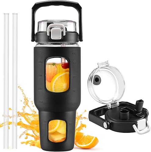 BLUEGO Botella de agua de vidrio de 40 onzas, botella con popote y tapa, vaso de vidrio con marcador de tiempo y agua, taza de café helado con funda