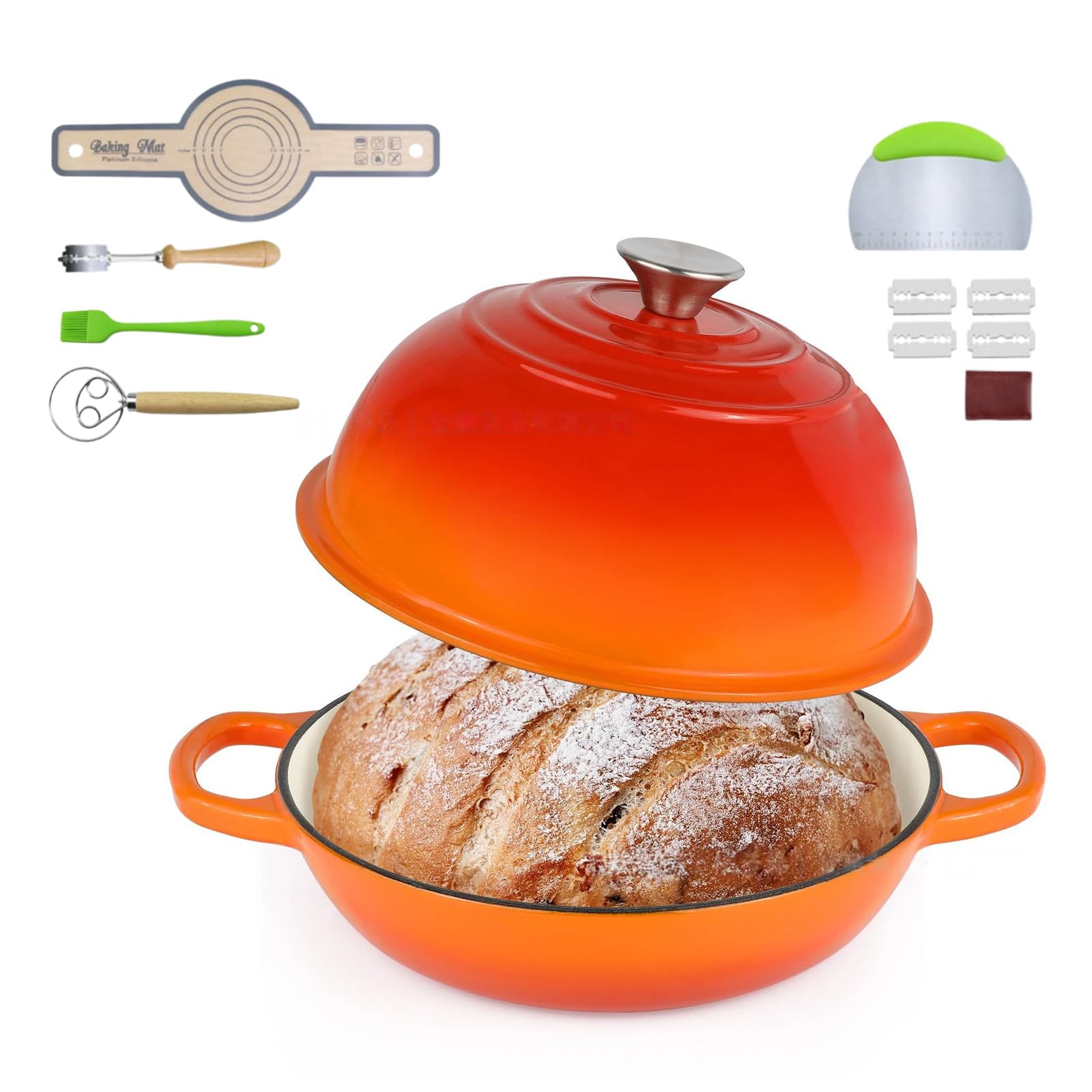 Schmortopf mit Deckel und Backutensilien, emaillierter Gusseisen-Schmortopf 26 cm/6 l, Antihaft-Emaille-Kochgeschirr zum Backen von Sauerteigbrot, Braten, Schmoren und Suppenkochen (Orange 6QT)