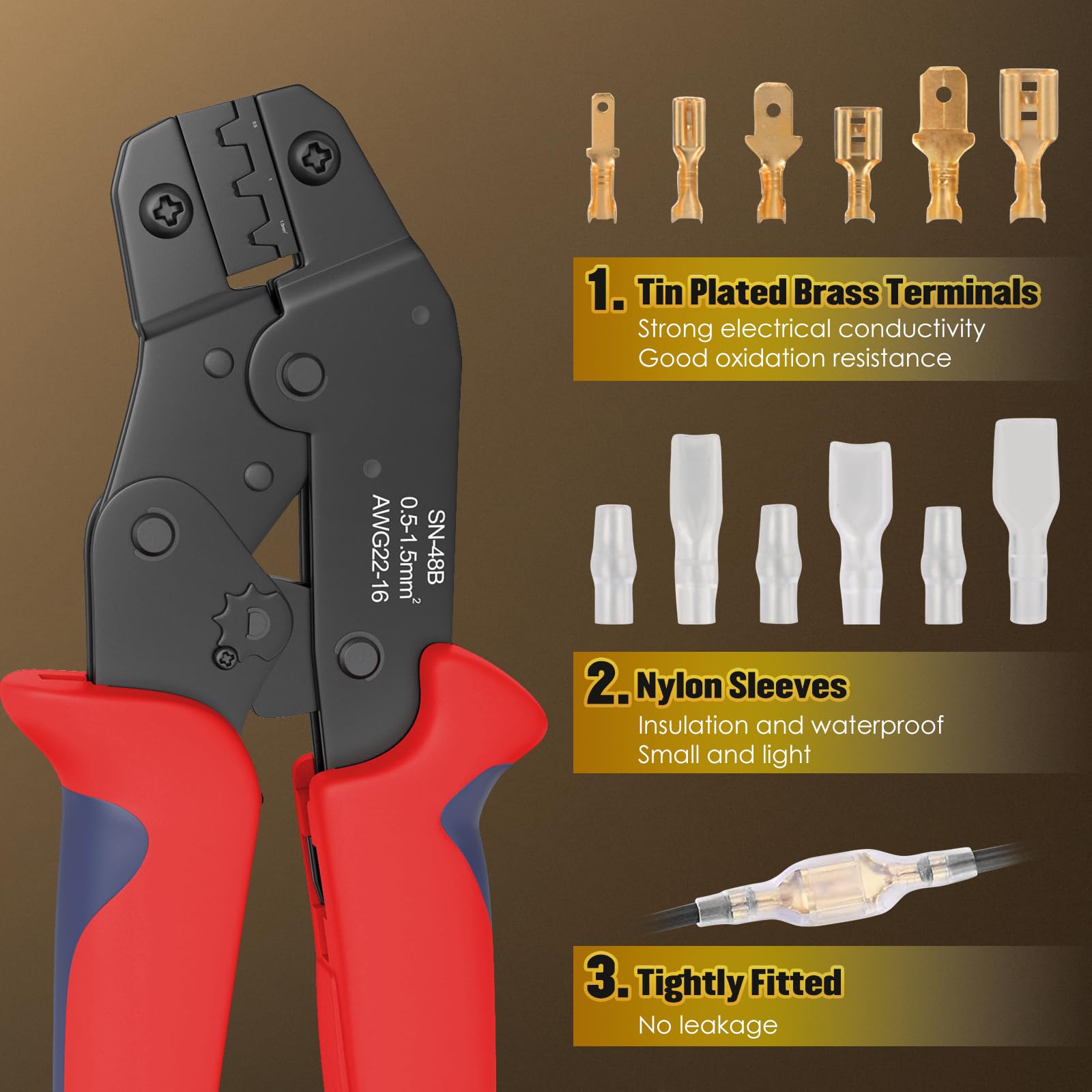 Kit de conector de herramienta de crimpado, herramienta de crimpado de alambre de trinquete para 300 piezas de conectores de terminal de pala macho hembra con funda aislante, herramienta de crimpado