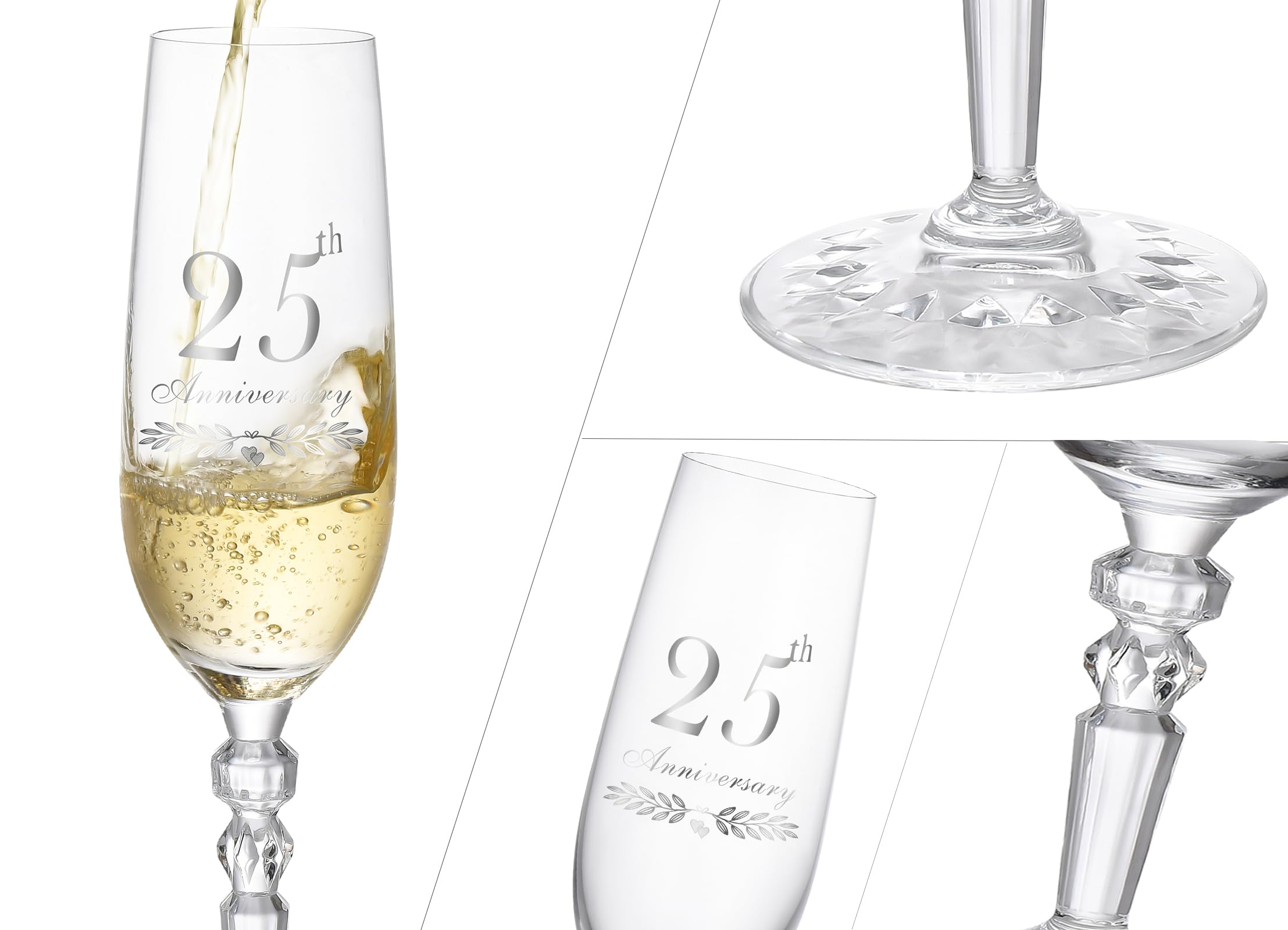 25th Anniversary Decorations Gifts for Couple, Classical Style 25th Wedding Anniversary Champagne Flutes Glasses, Crystal Champagne Glasses Set of 2, Gifts for husband, wife, Couple