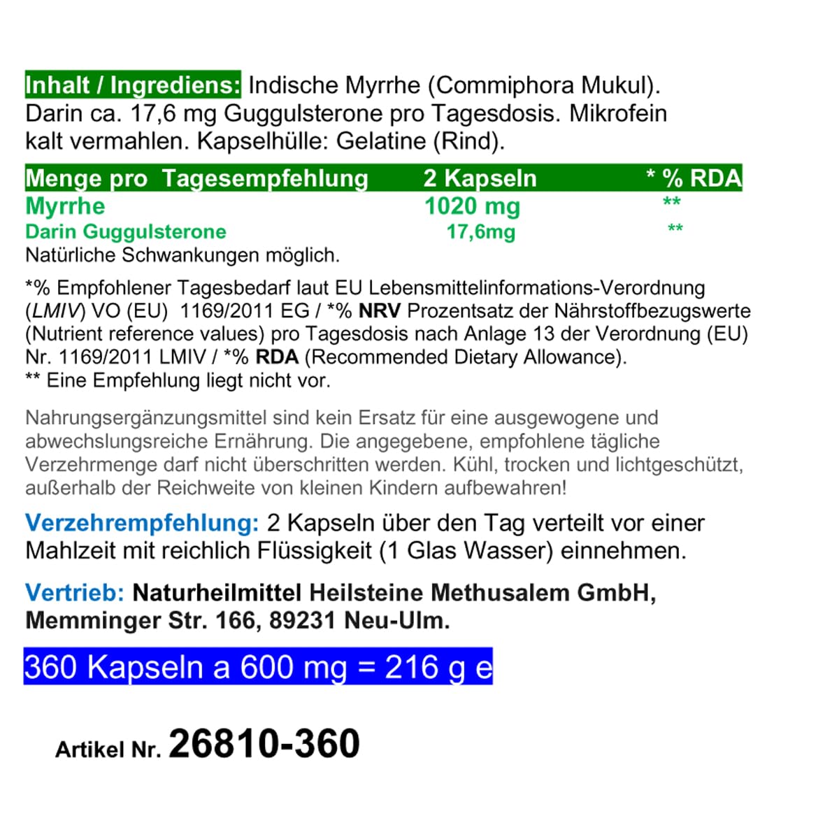 GUGGUL Indische MYRRHE Ayurveda Guggulsterone 360 Pulver Kapseln - Commiphora Mukul Premium Qualität. NATUR PUR - OHNE ZUSATZSTOFFE - OHNE FÜLLSTOFFE. Abgefüllt in Deutschland. 26810-360