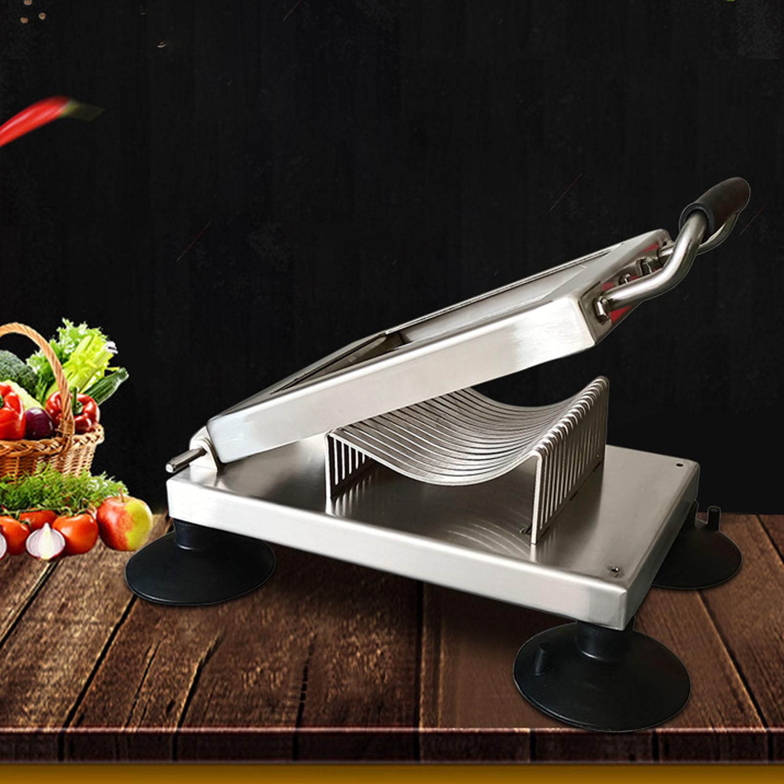KIMISS Cortador de Verduras y Rebanador de Alimentos comercial: Picador Manual de Acero Inoxidable con 4 Ventosas para Lechuga, Cebollas, Patatas y Más (6.5MM)