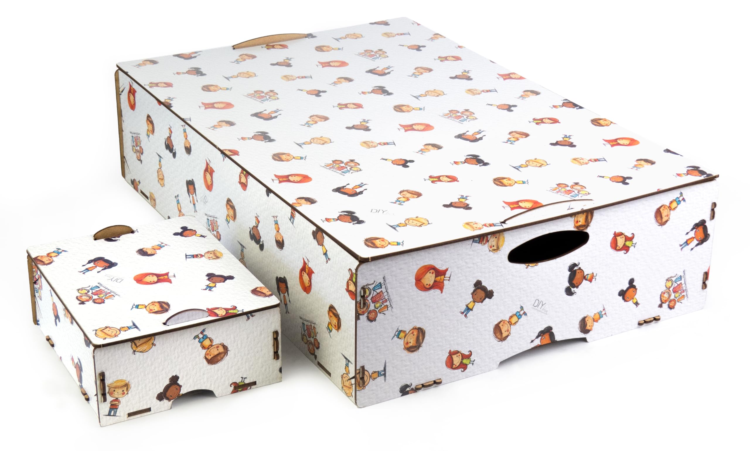 Cajas de Almacenaje Infantil en MDF – DIY BOX XL (57x38x15cm) y Mini LET’S PLAY – Resistentes, Reciclables, con Asas y Tapa – Almacenaje Creativo y Apilable para Hogar – Hechas en España