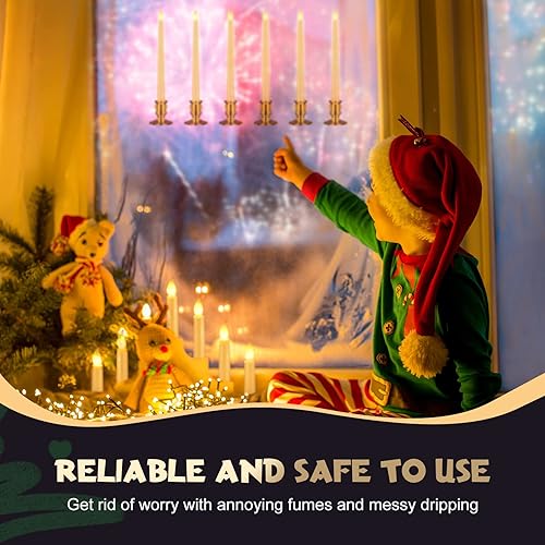 Miniatura 5 de Riakrum 12 velas de Navidad sin llama para ventana con control remoto, velas LED sin llama, velas cónicas LED sin llama con soportes de vela dorados