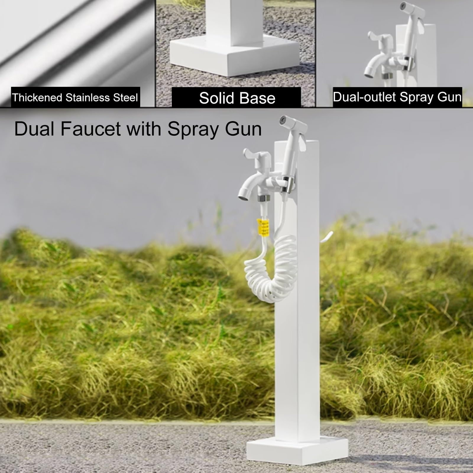 inless - Rubinetto dell'acqua da esterno in acciaio con pistola a spruzzo, rubinetto da giardino da 60 cm per irrigazione efficiente e soluzione di irrigazione, fontana da giardino bianca per uso