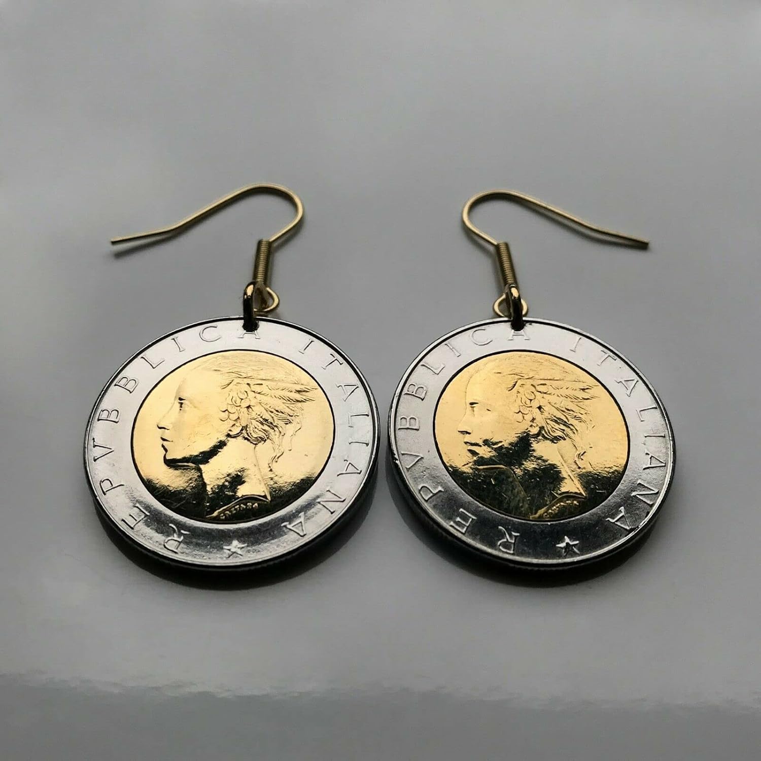Italy 500 Lire coin dangle drop earrings Italian jewelry Mercury Rome Florence Milano Venice Amalfi Coast Torino Verona Napoli Palermo Cinque Terre Cagliari Parma Lecce Pisa Perugia Matera e000118