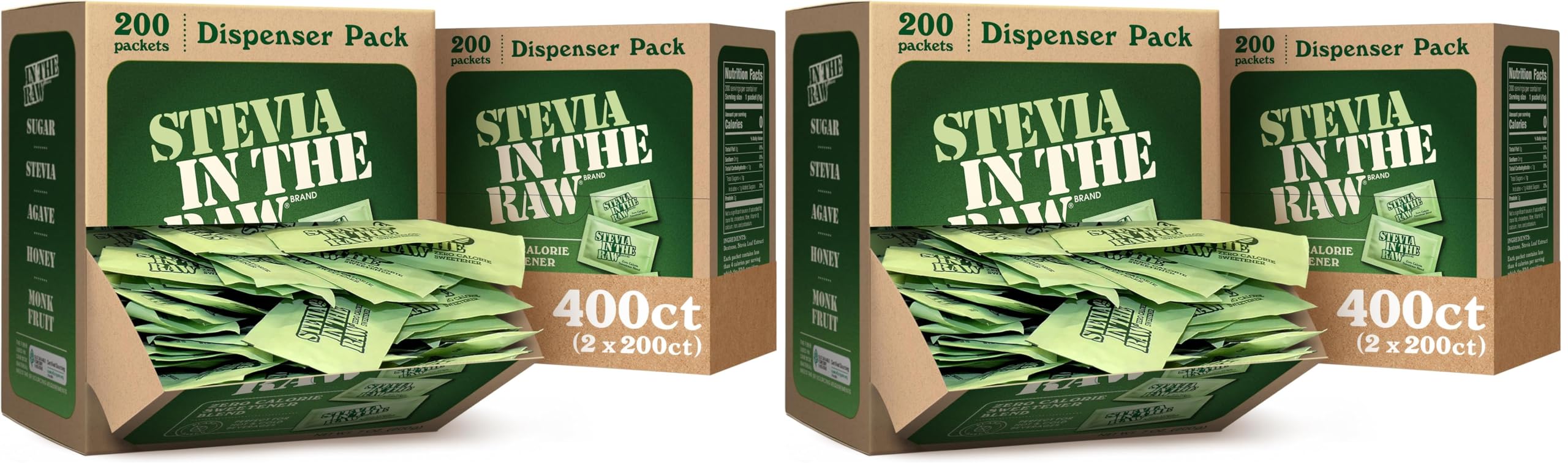 Stevia In The Raw, Plant Based Zero Calorie Sweetener, Sugar Substitute, Sugar-Free Sweetener for Coffee, Hot & Cold Drinks, Suitable For Diabetics, Vegan, Gluten-Free, 200 Count Packets (Pack of 2)