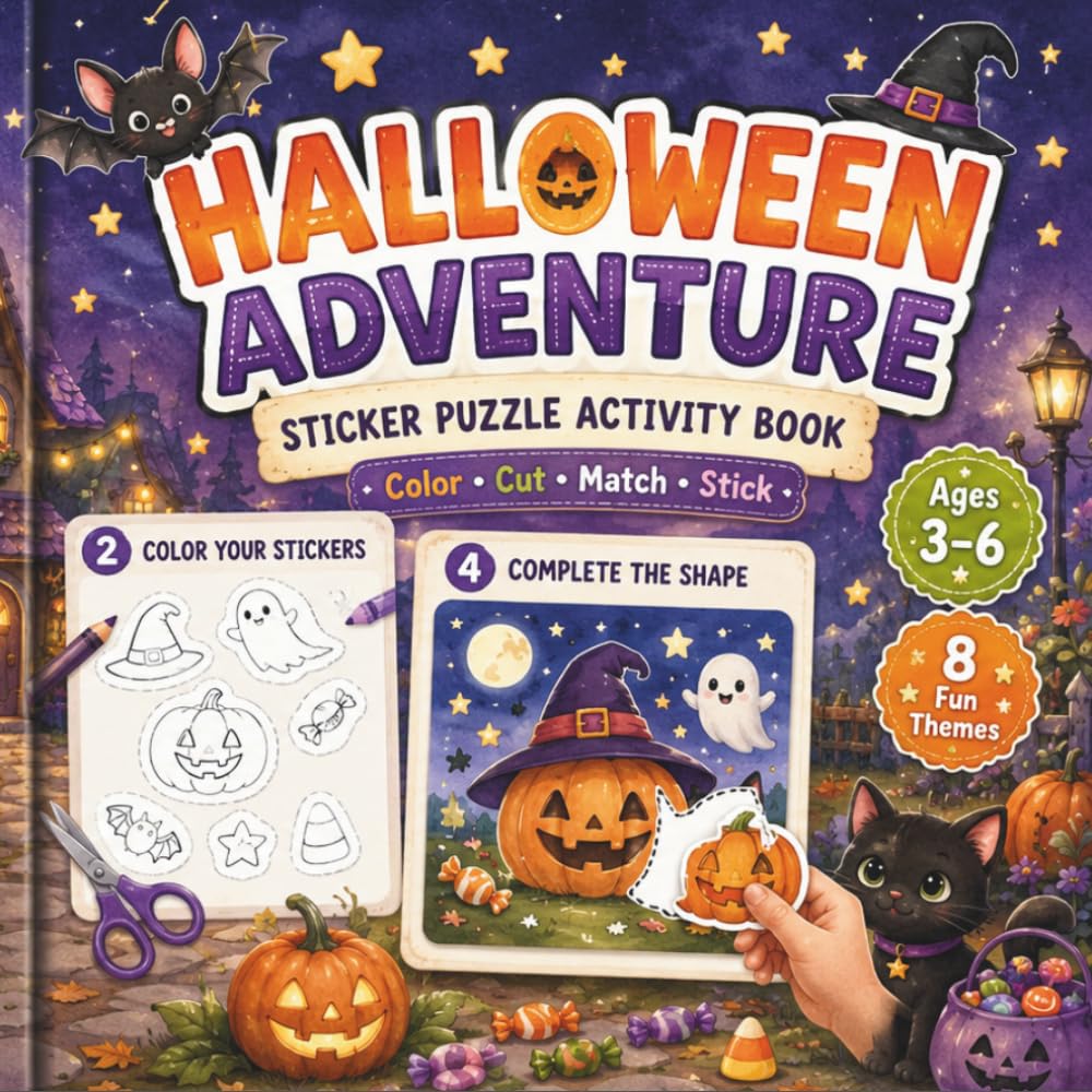 Halloween Sticker Puzzle Activity Book for Kids Ages 3-6: Color, match & stick and bring each adorable character to life Vol 1 — one puzzle at a time!