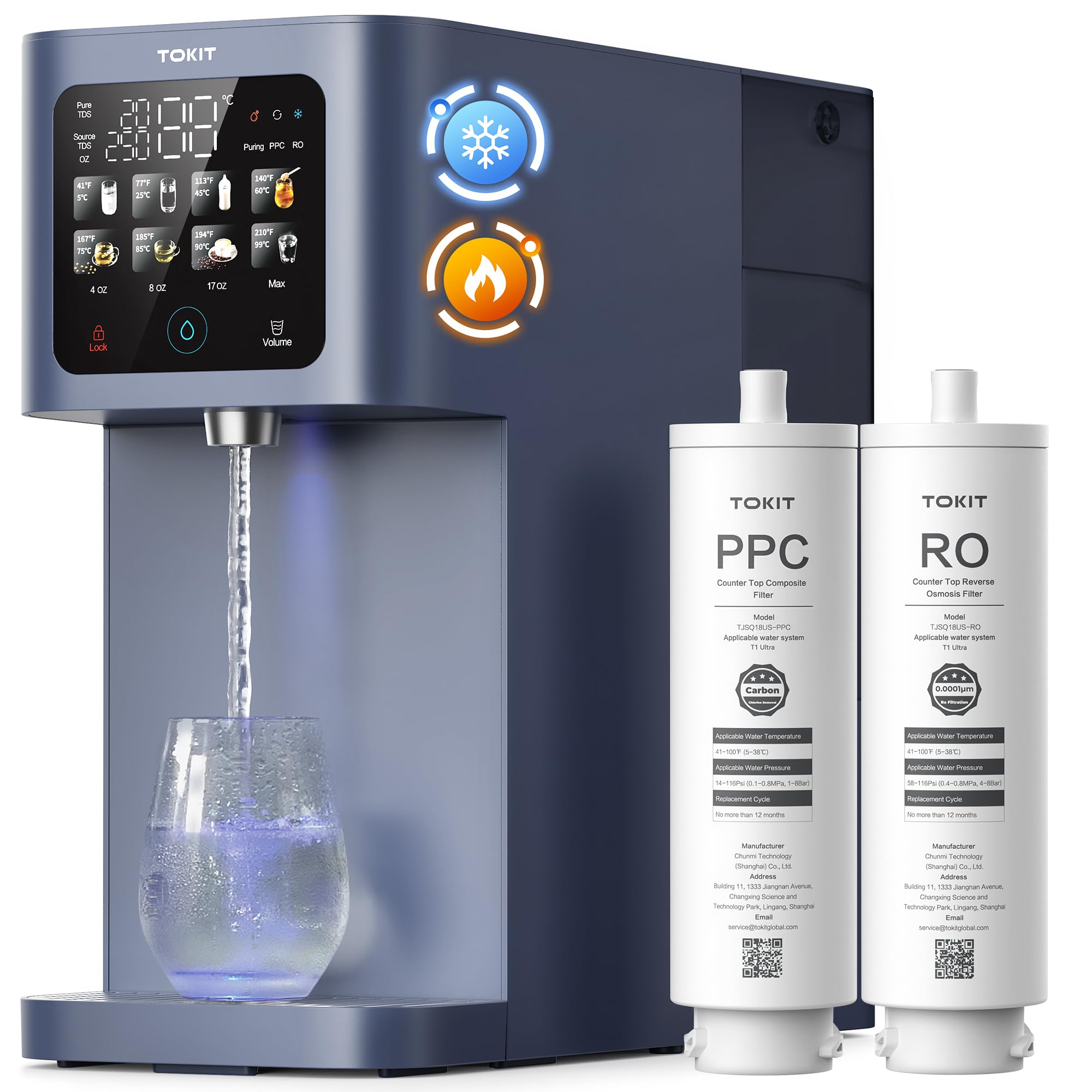 TOKIT T1 Ultra Ósmosis Inversa de Sobremesa 5-100°C, Dispensador de Agua Caliente y Fría con Lámpara UV & Filtro RO, 8 Niveles de Temperatura, CE & EMC Certificado