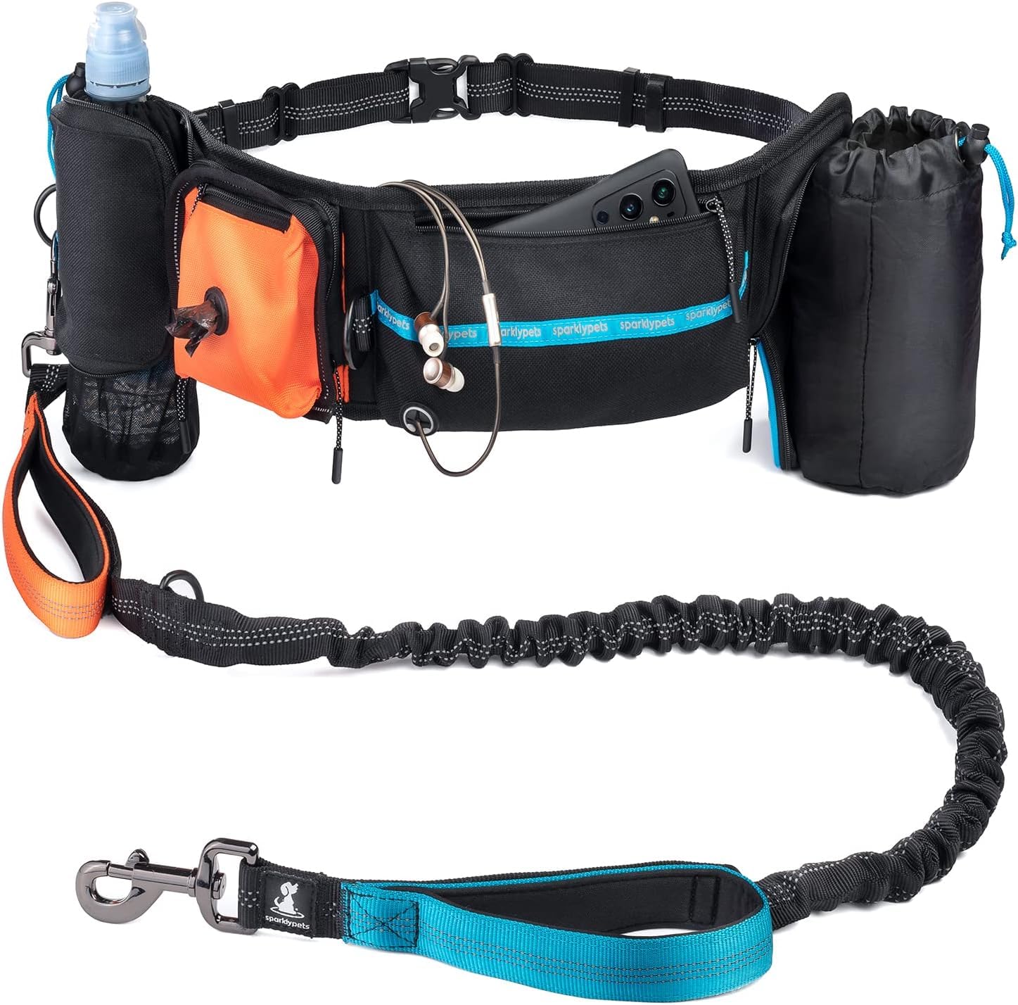 SparklyPets Active Waist Leash pour Promener Le Chien – Laisse Mains Libres – Complet avec Support de téléphone, Sac à déjections Canines Amovible, Pochette à friandises pour Chien et Porte-Bouteille