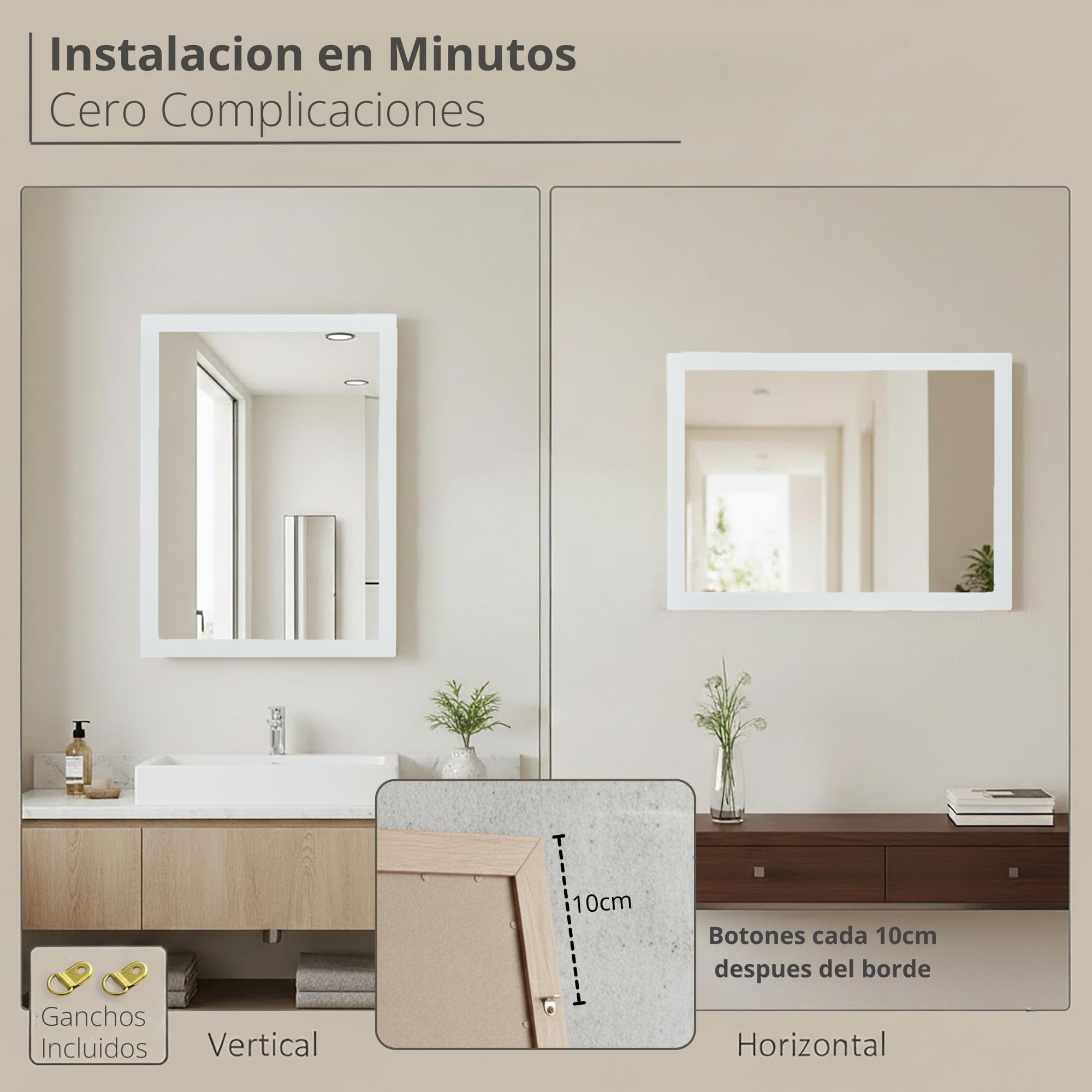 CHELY INTERMARKET MOD128 Espejo Pared Vertical Decorativo Grande Estilo Moderno Marco Madera Cuerpo Entero Elegante 60x80 cm Blanco Liso Ideal Recibidor Dormitorio Baño Incluye Kit Montaje