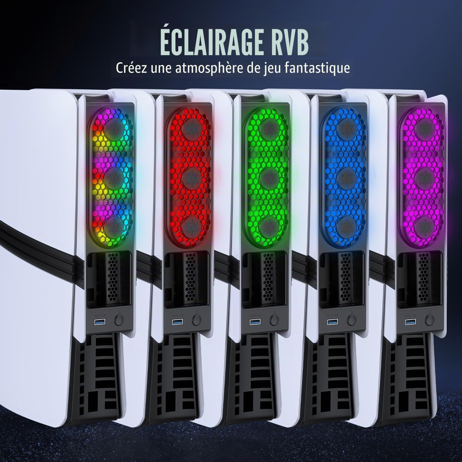 Ventilateur de refroidissement haute vitesse pour console PS5 Pro/Slim - Contrôle automatique de la température, faible bruit, éclairage RVB et port USB 3.0