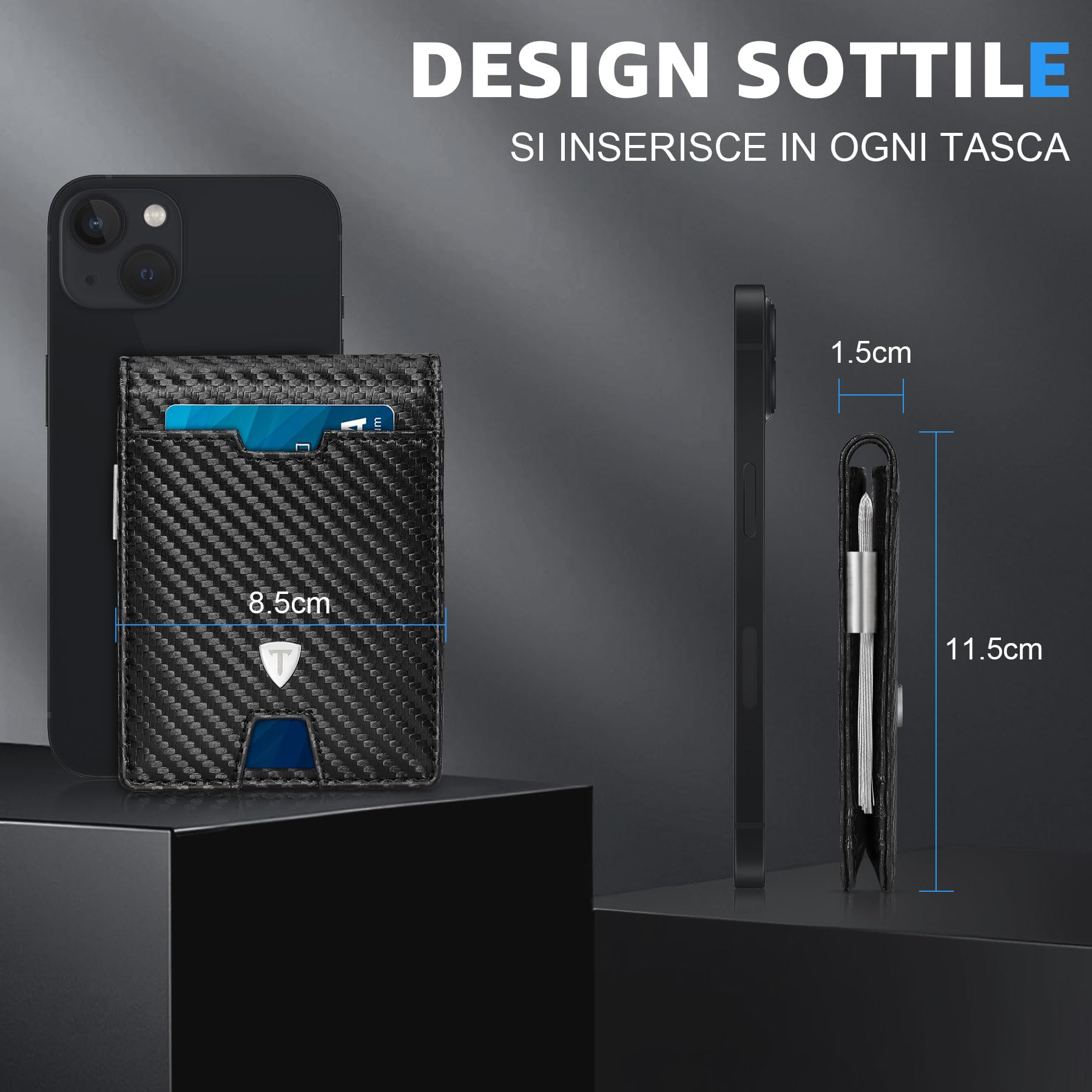 Tomylv Portafoglio Uomo RFID Blocking Portafoglio Uomo Slim Pelle in Fibra di Carbonio con 13 Porta Carte di Credito Uomo, ID Window, Fermasoldi, Bi-Fold Minimalista con Confezione Regalo - Nero
