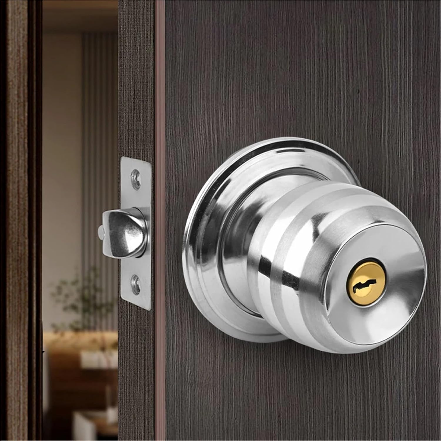 Keyed Entry Door Knob with Lock Round Knobs Stainless Steel Interior and Exterior for Bedroom Bathroom