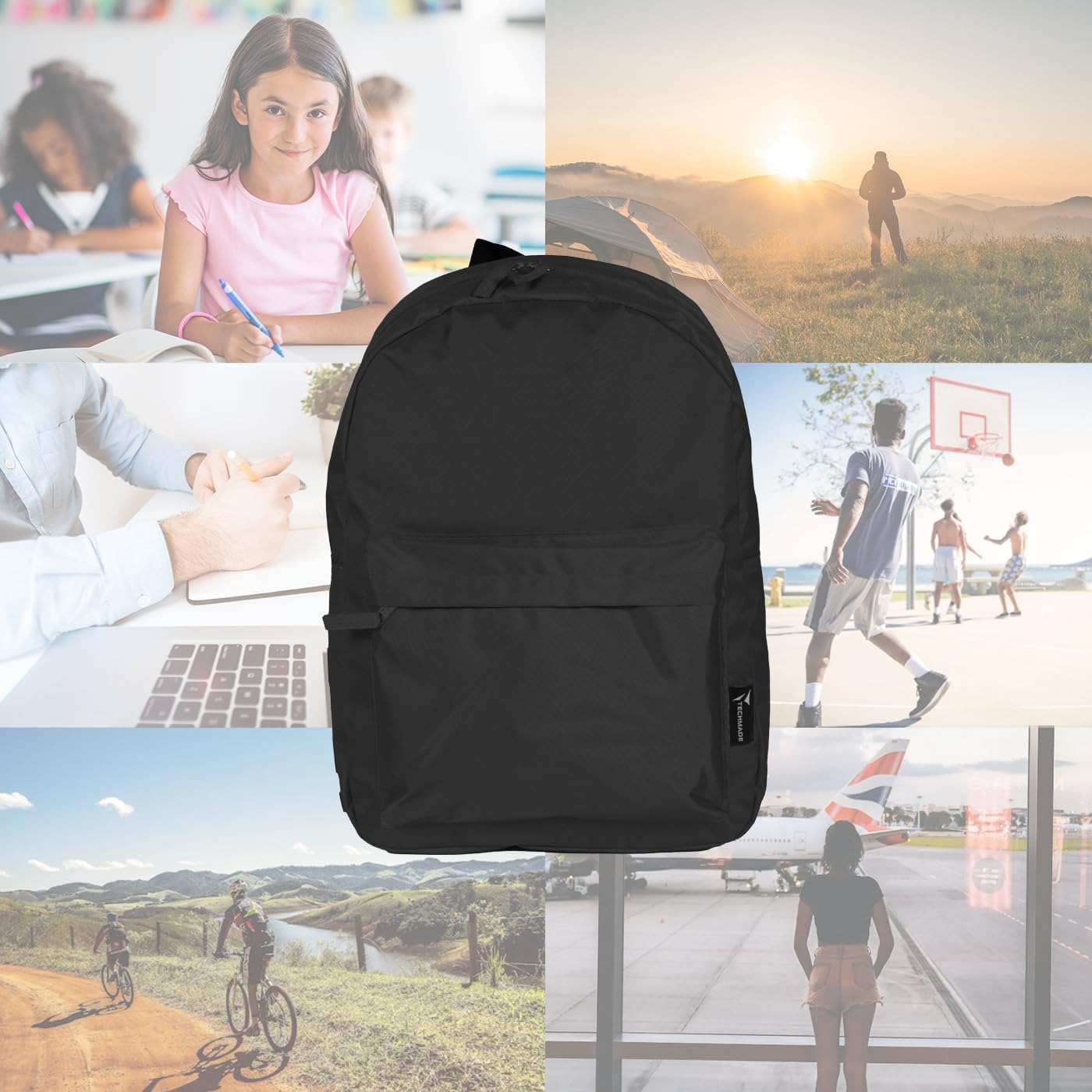 TECHMADE Zaino Scuola e Porta PC 15" Leggero e Capiente – Zaino Bagaglio a Mano 31.5x13.5x43 cm Compatibile Ryanair EasyJet – Multitasche Ergonomico per Lavoro, Scuola e Viaggi – UNISEX, (Nero)