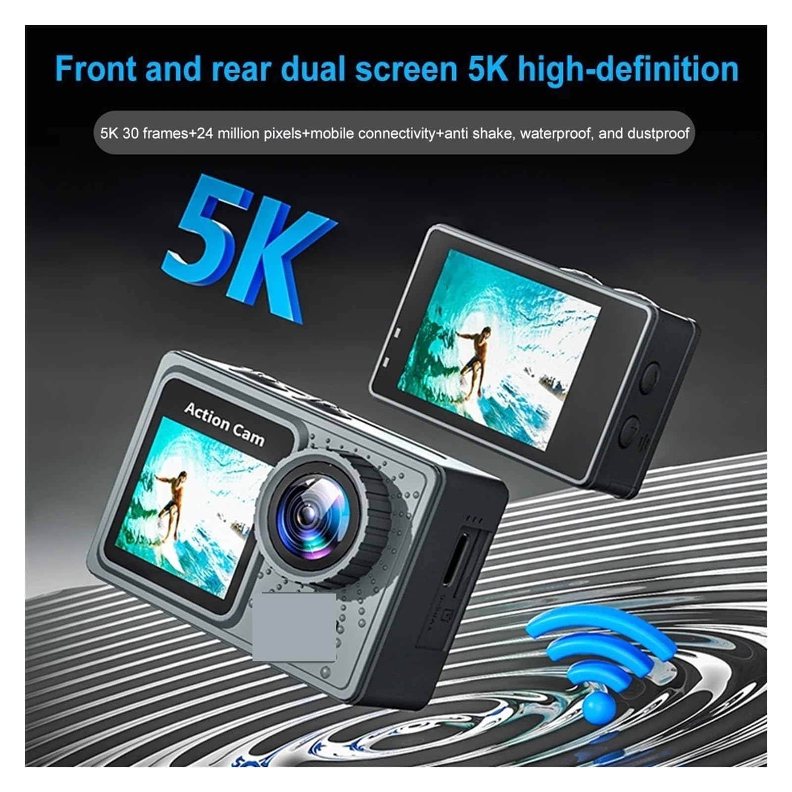Action Camera, Action camera 5K, anti-shake, sport cam, doppio schermo, mini telecamera subacquea, grandangolo 170° con telecomando,per Ciclismo, Moto