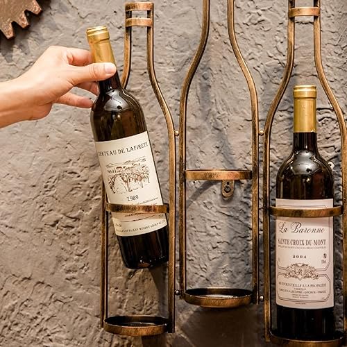 Miniatura 5 de Gdrasuya10 Estantes de vino montados en la pared para 5 botellas, soporte de metal de bronce para botellas de vino rústico, soporte de exhibición de