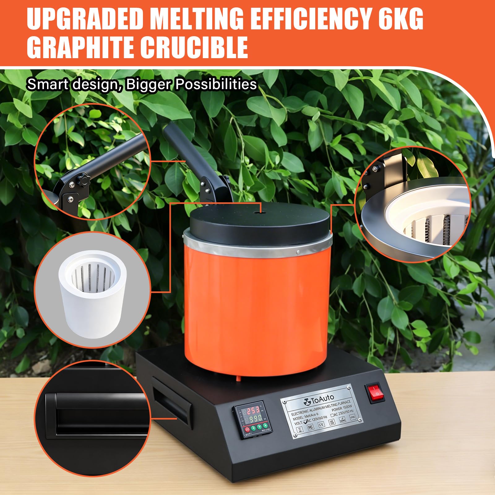 TOAUTO MeltAce 6‎ Aluminium Electric Melting Furnace 6 kg, 1500 W PID Electric Melting Furnace Kit, for Recycling Scrap and Cast Aluminium (Under 1.832°F Metal)