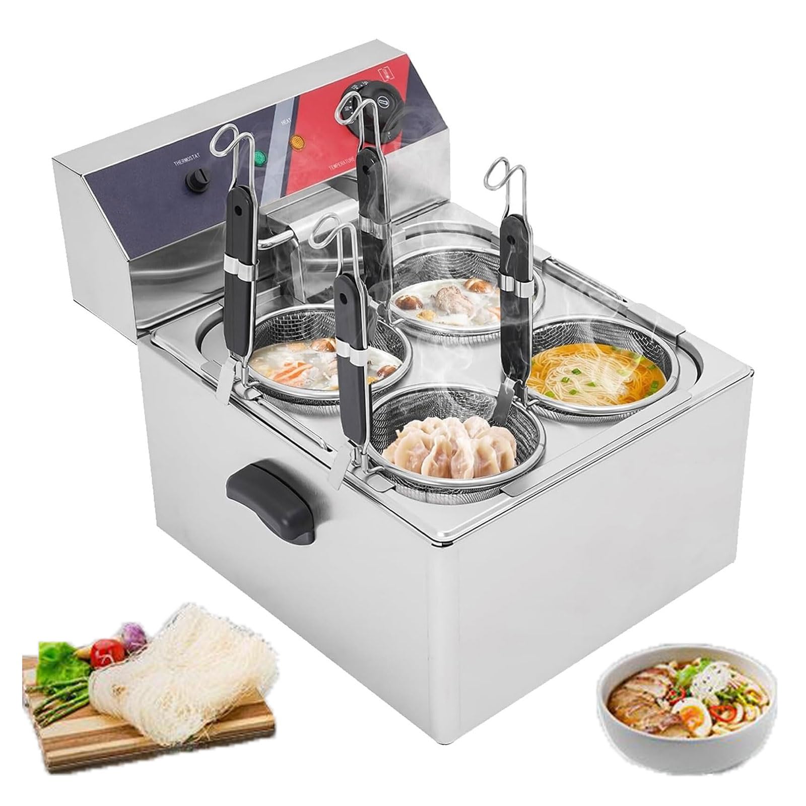 Eiwitany 4-Hole Commercial Electric Noodle Cooker with 4 Filter Baskets, 140℉-392℉ Adjustable Temp Pasta Boiler for Restaurant, Cafe & Canteen