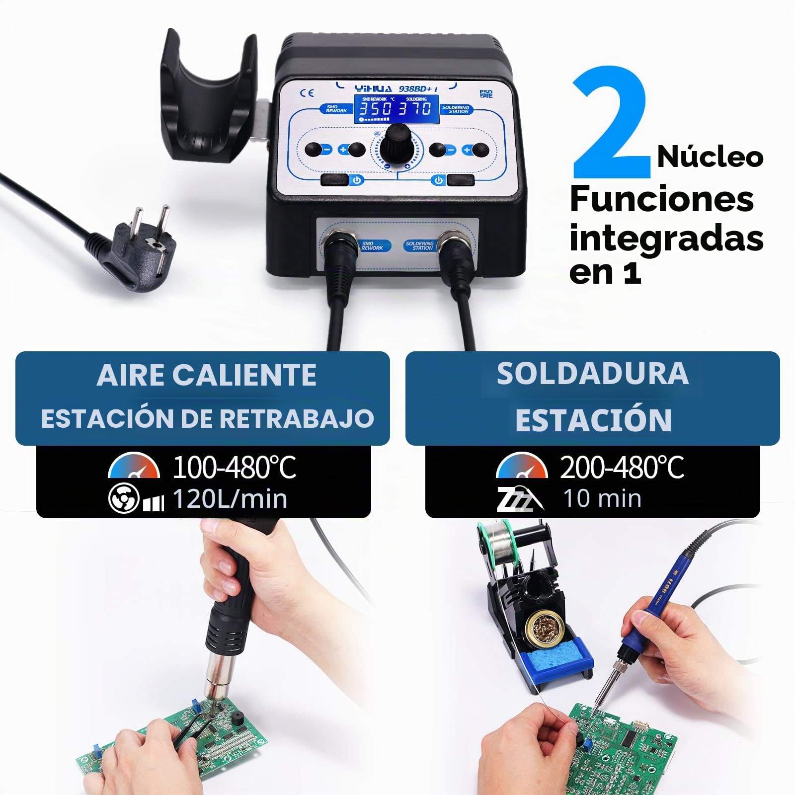 YIHUA 938BD + I Estación de soldadura y estación de retrabajo de aire caliente 2 en 1 con temperatura ajustable Inicio/parada de aire caliente Modo de suspensión Pantalla LCD
