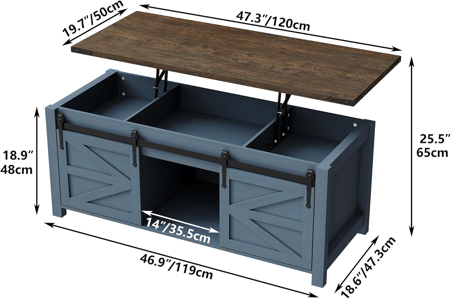 Lift Top Coffee Table, 47.3'' Farmhouse Coffee Table with Large Hidden Storage Compartment & Sliding Barn Doors, Wood Modern Rectangle Table for Home, Office, Blue