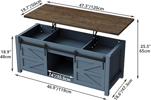Vista 2 de Lift Top Coffee Table, 47.3'' Farmhouse Coffee Table with Large Hidden Storage Compartment & Sliding Barn Doors, Wood Modern Rectangle Table for