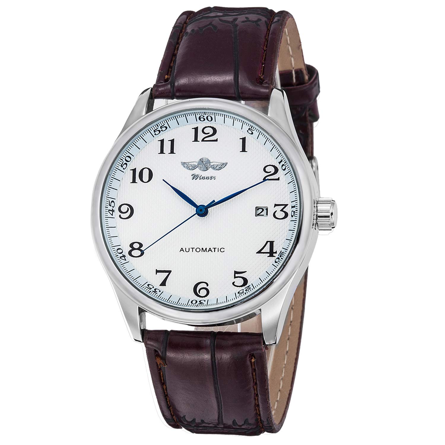 Gute Classic Winner Montre mécanique pour homme avec cadran blanc et aiguilles bleues - Bracelet en polyuréthane - Remontage aut