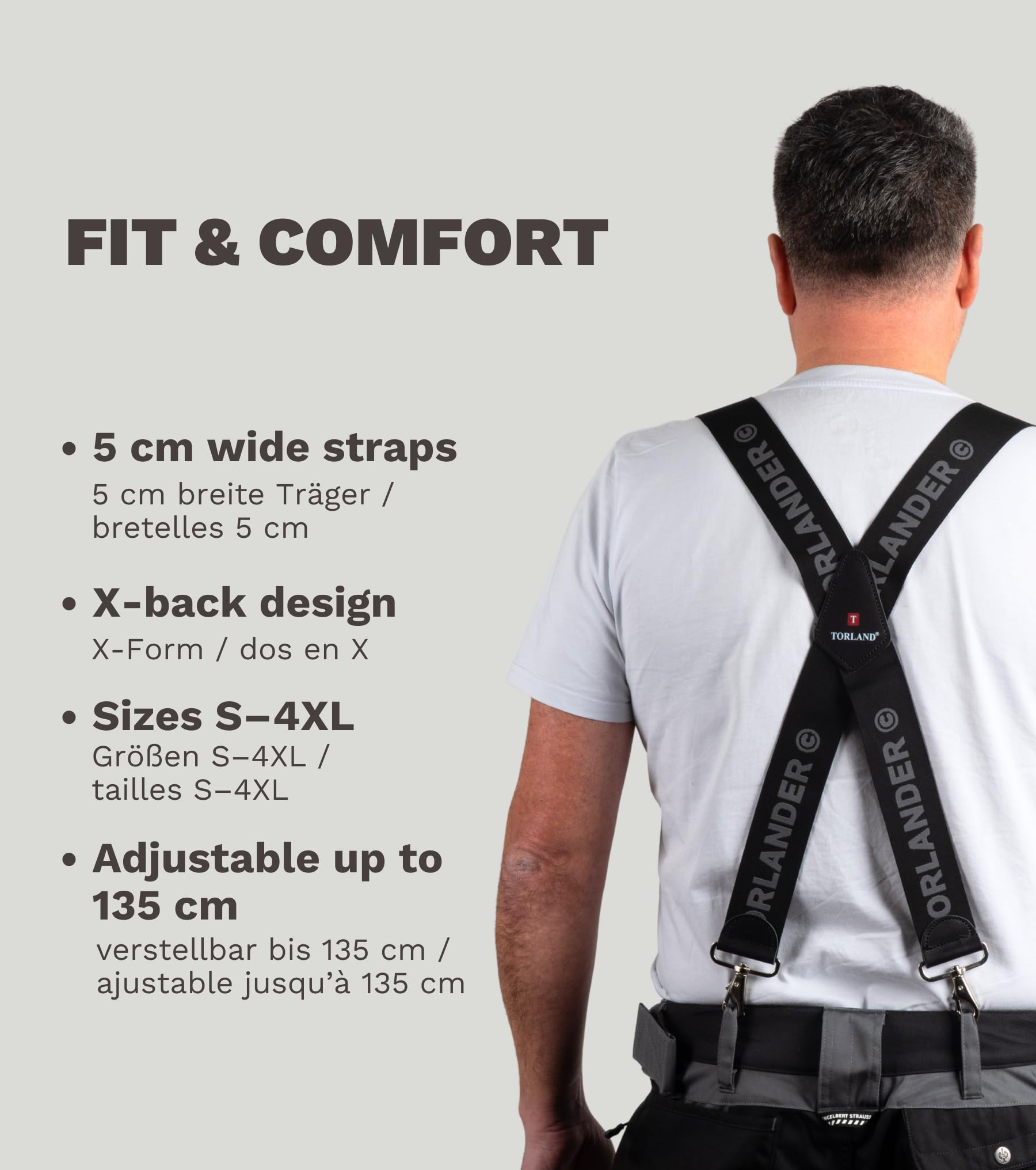 TORLAND® Hosenträger Herren extra stark, mit Rindsleder, 5 cm breit mit Karabiner-Verschluss, für Arbeitshose, Motorradhose | 135 cm lang, verstellbar bis Körpergröße 2 m - 4
