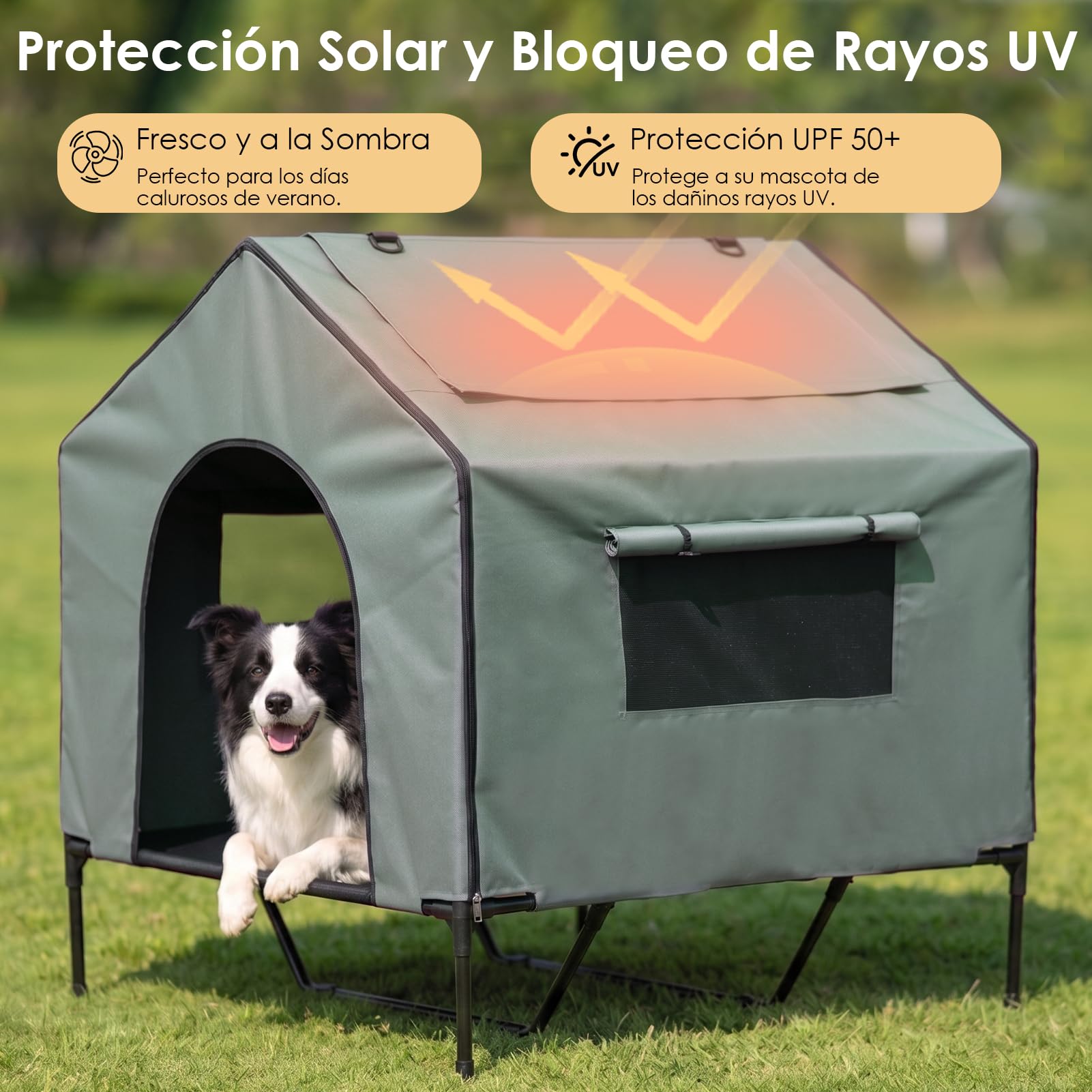 Caseta para perros Grande con Techo 100cm,3 en 1 Casa Perro Impermeable | Casa de Perro Exterior con Cortina Opaca, Elevada Cama Perro Impermeable y Protección UV 50+, Caseta Perros Resistente Jardín