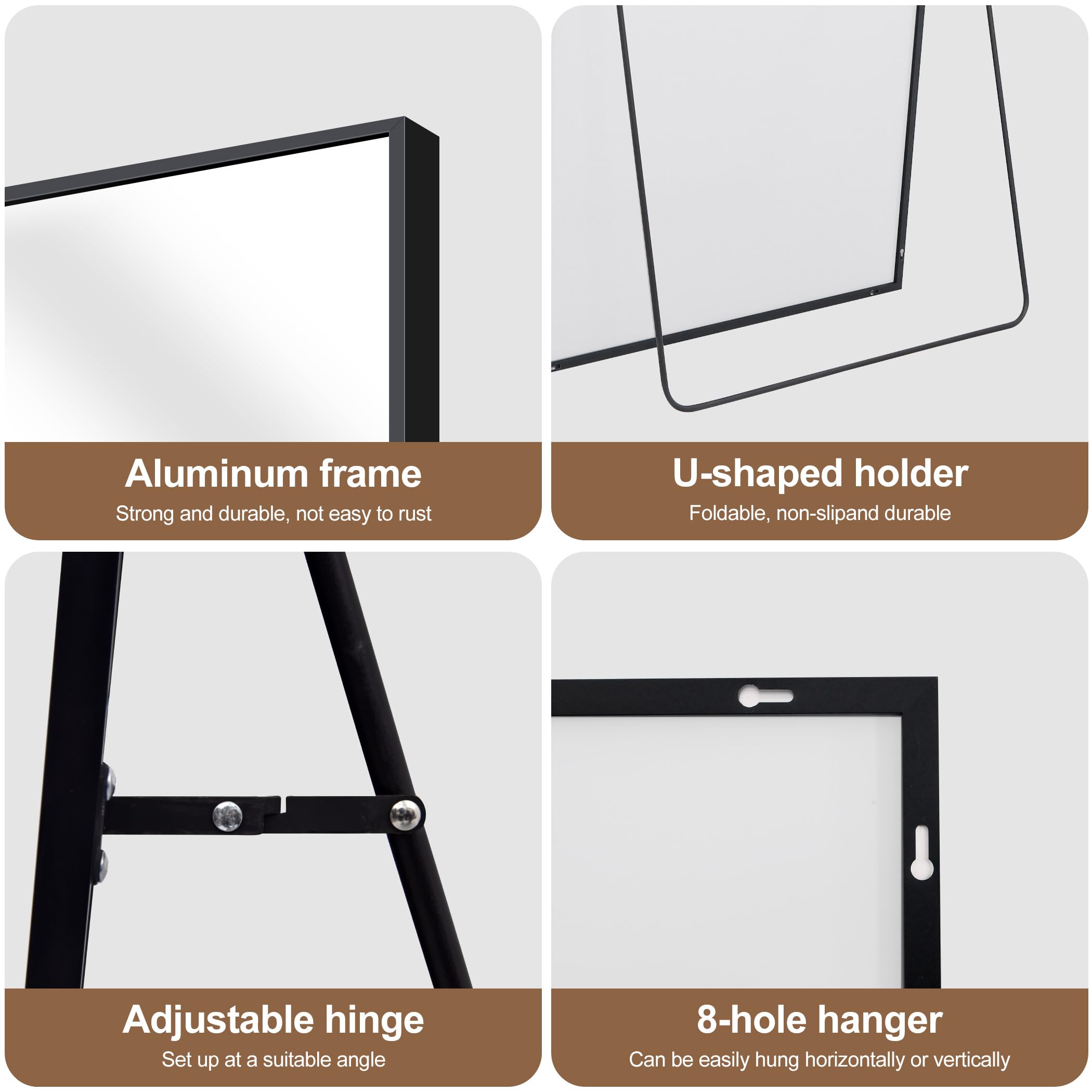 Miroir sur Pied 150 x 40 cm, Miroir Mural Cadre Aluminium Noir Grand Rectangulaire