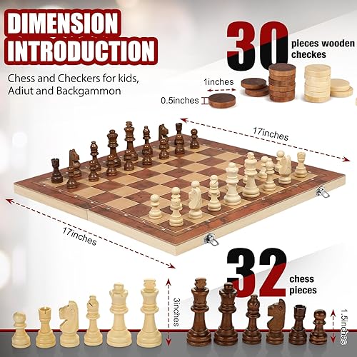 Vista 4 de Juegos de mesa 3 en 1, juego de ajedrez de madera para adultos y niños, juego de mesa de damas ligero de 17.2 pulgadas, juego de mesa de backgammon