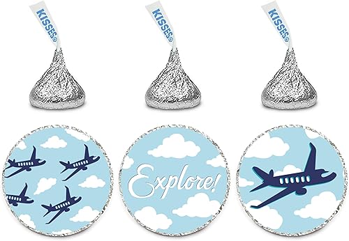 Andaz Press Trío de etiquetas de chocolate para cumpleaños, se adapta a recuerdos de fiesta de besos, aviones y nubes, paquete de 216, explora!