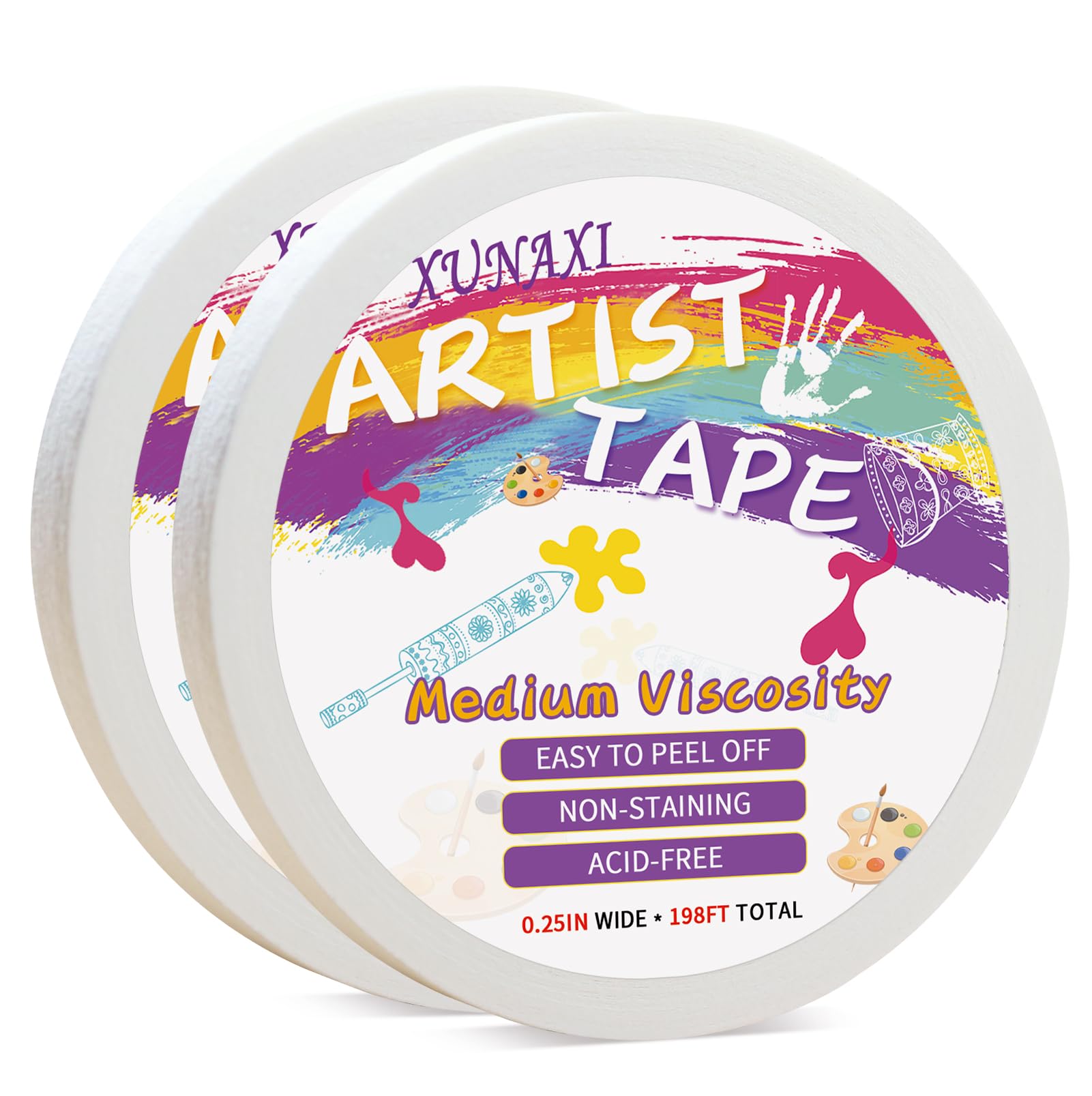 XUNAXI 2 Packs Artist Tape Medium Tack White Art Tape for Watercolor Paper Drafting Art Painting Canvas Framing Acid Free Masking Tape- 0.25IN Wide 197FT Long Total