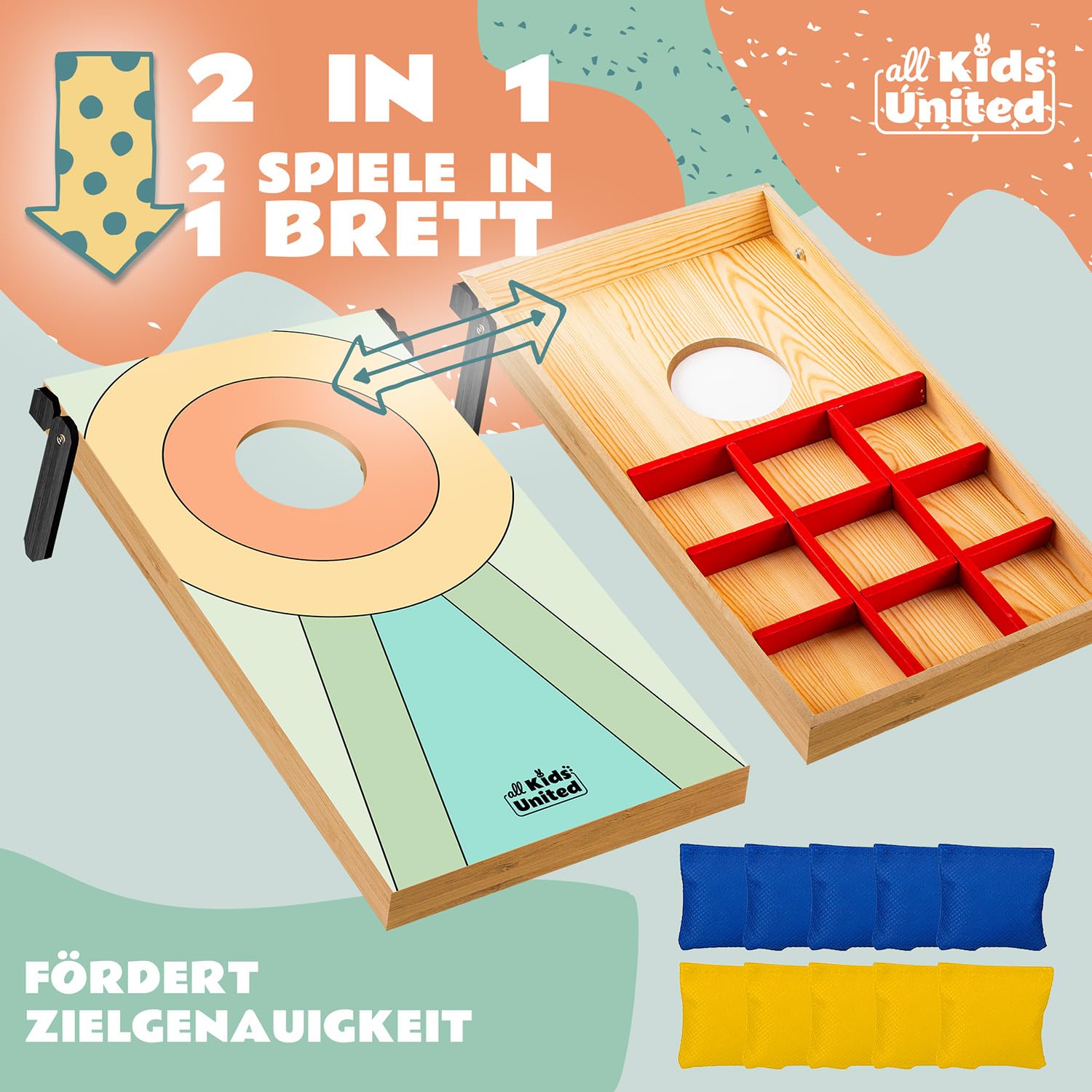 all Kids United® Mini Cornhole-Spiel für Kinder; Indoor & Outdoor Geschicklichkeitsspiel mit Sandsäckchen; Perfekt für Kinderzimmer, Garten und Partys – Fördert Zielgenauigkeit & Spielspaß