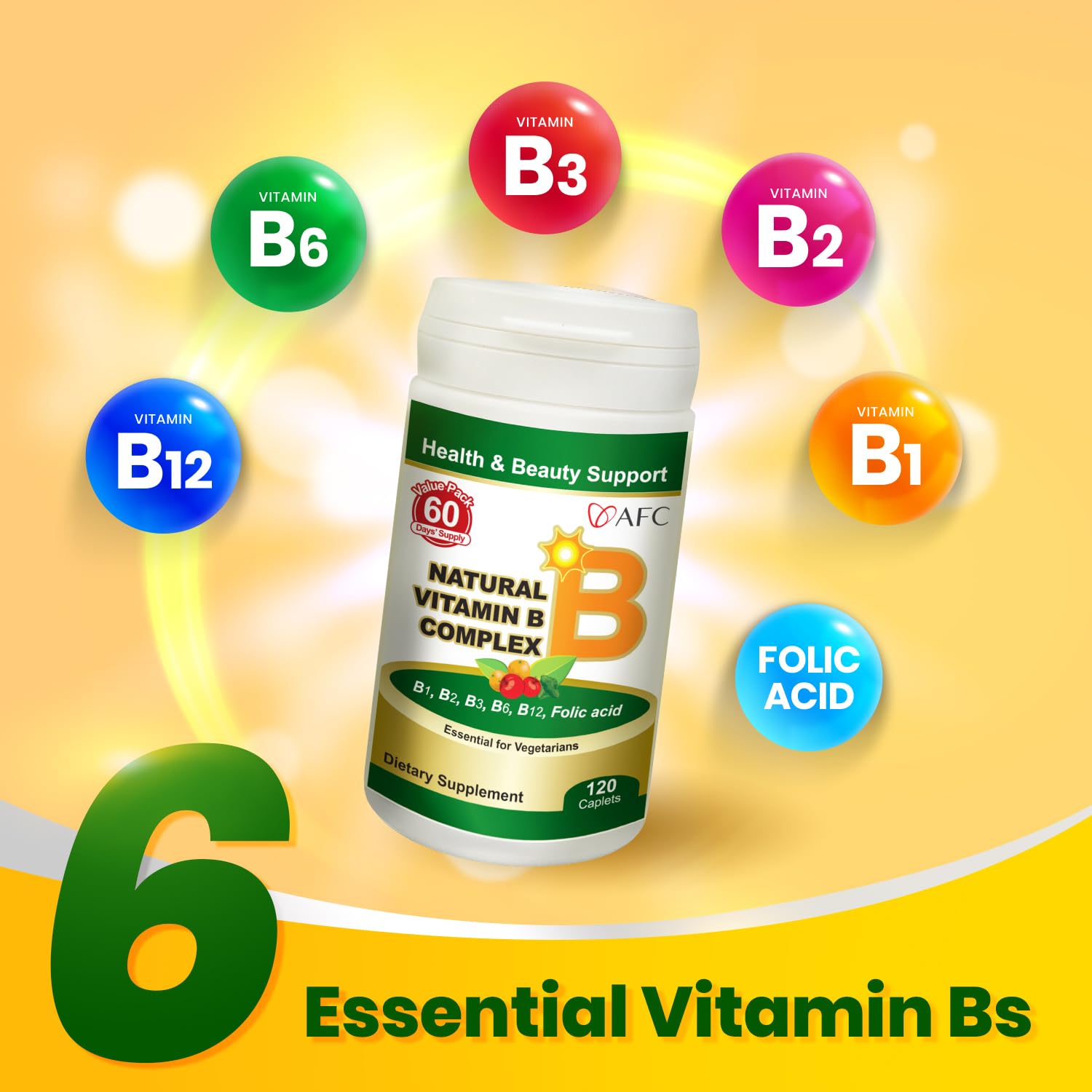 Amazon.com: AFC Japan Natural Vitamin B Complex with B1, B2, B3, B6, B12, Folic  Acid & Glutathione Yeast Extract, No Synthetics, Non-GMO, Supplement for  Stress, Energy, Immune & Nervous System,120 Vegan Caplets :