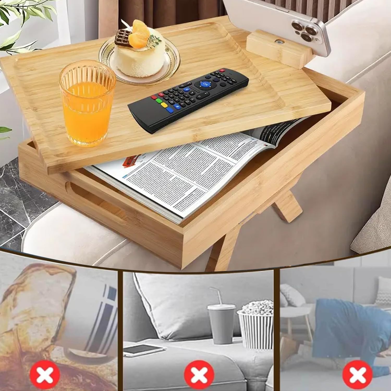 Braccioli da divano, vassoio flessibile in legno di bambù, supporto per bevande, bracciolo, a due piani, con piano girevole a 360° e supporto per cellulare per snack, telefoni cellulari, controller