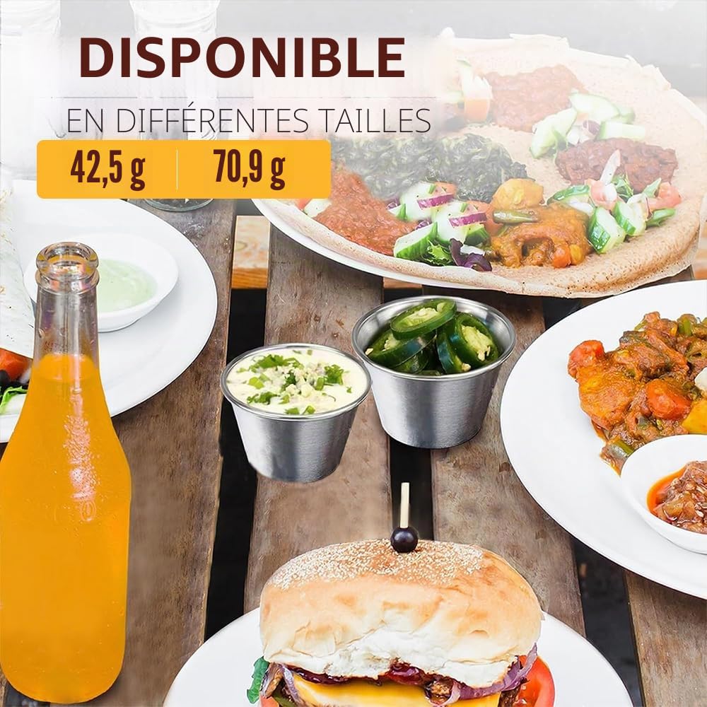 Lot de 100 grands ramequins à sauce en acier inoxydable | Format idéal de 2,5 oz (75 ml) pour les trempettes, le ketchup, les vinaigrettes et la restauration.