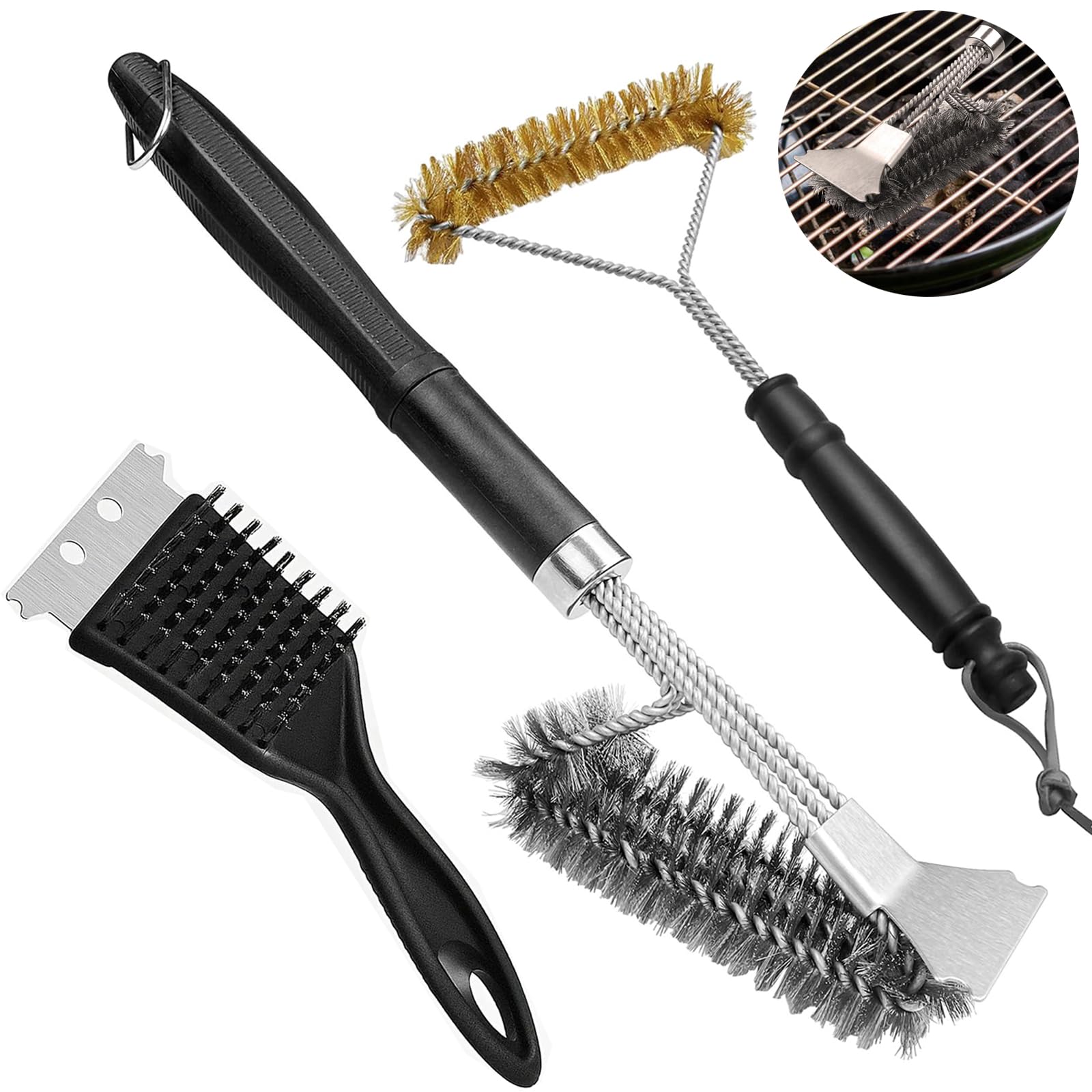 3 Pezzi Spazzola Barbecue 3 In 1 Spazzole per Griglia Acciaio Inossidabile Spazzola per Pulizia Barbecue con Raschietto e Manico Spazzola BBQ per Griglia a Gas Carbone Elettrico