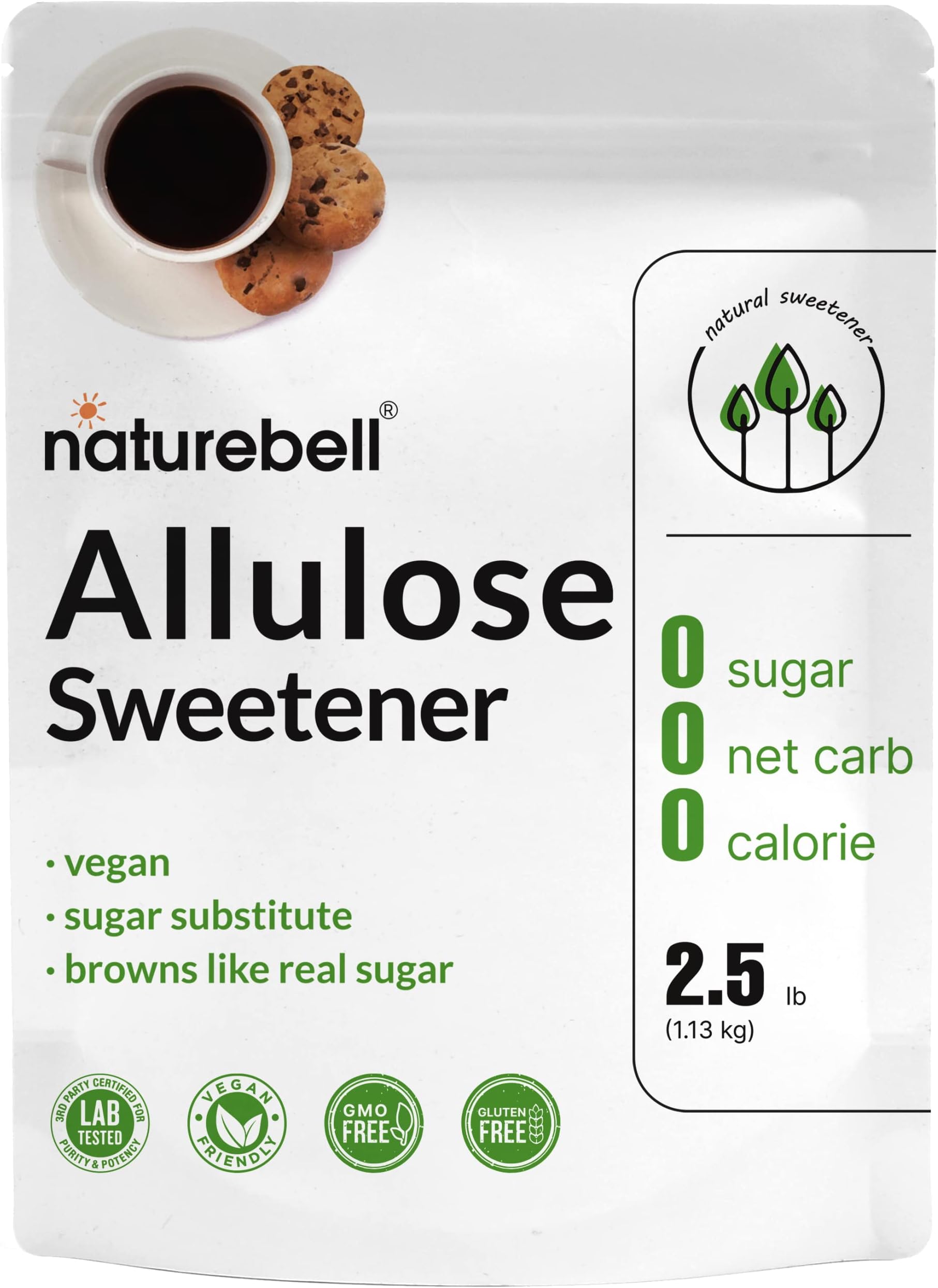 NatureBell Allulose Sweetener, 2.5 Lbs | Keto & Vegan-Friendly, White Sugar Substitute | 0 Calorie, 0 Sugar, 0 Net Carb, Non-Glycemic, Browns Like Table Sugar | Bulk Supply for Baking & Beverages