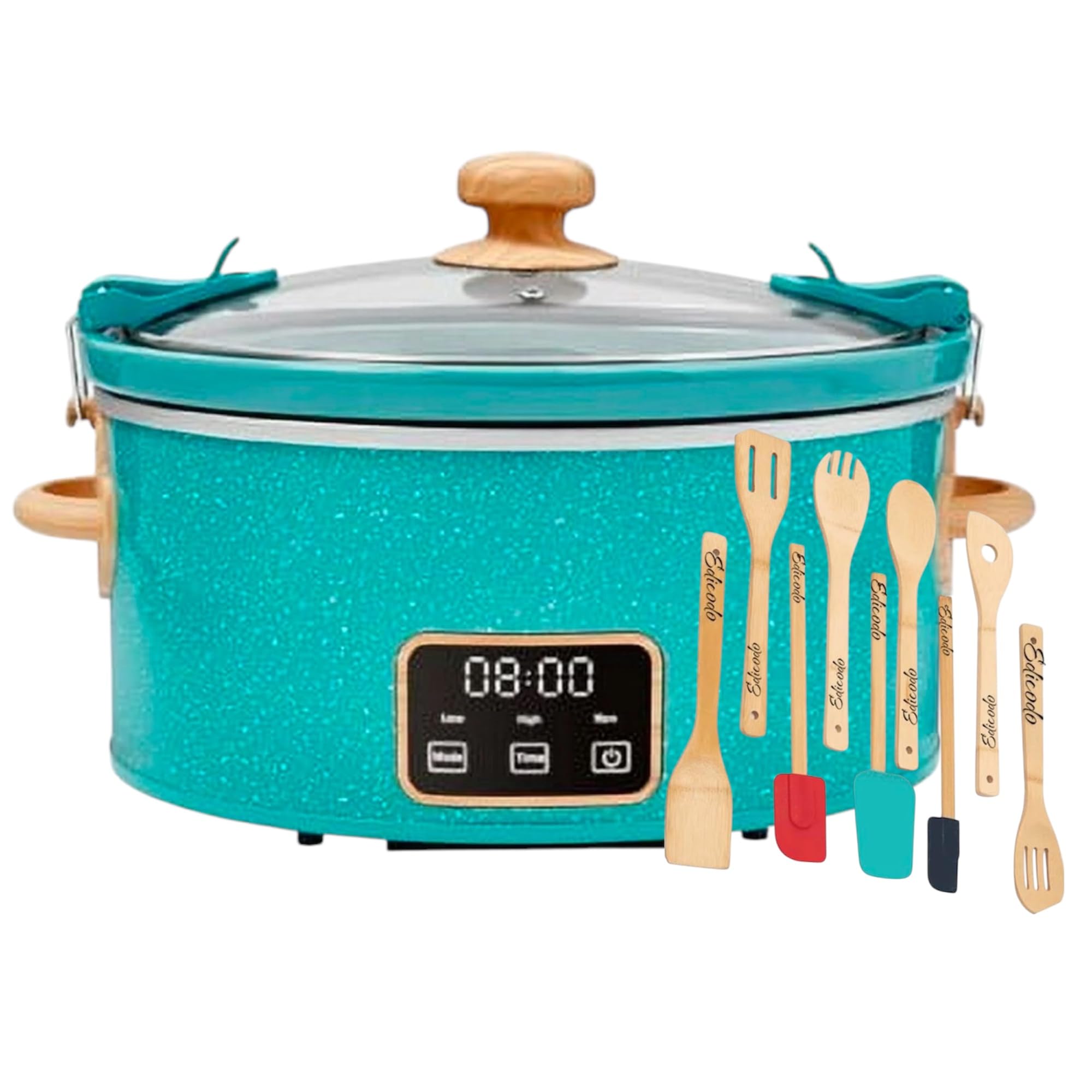 Pioneerr Wmn 6 Qt Digital Slow Cooker with Locking Lid Teal Speckle with 9 Pieces Utensil Set Bundle