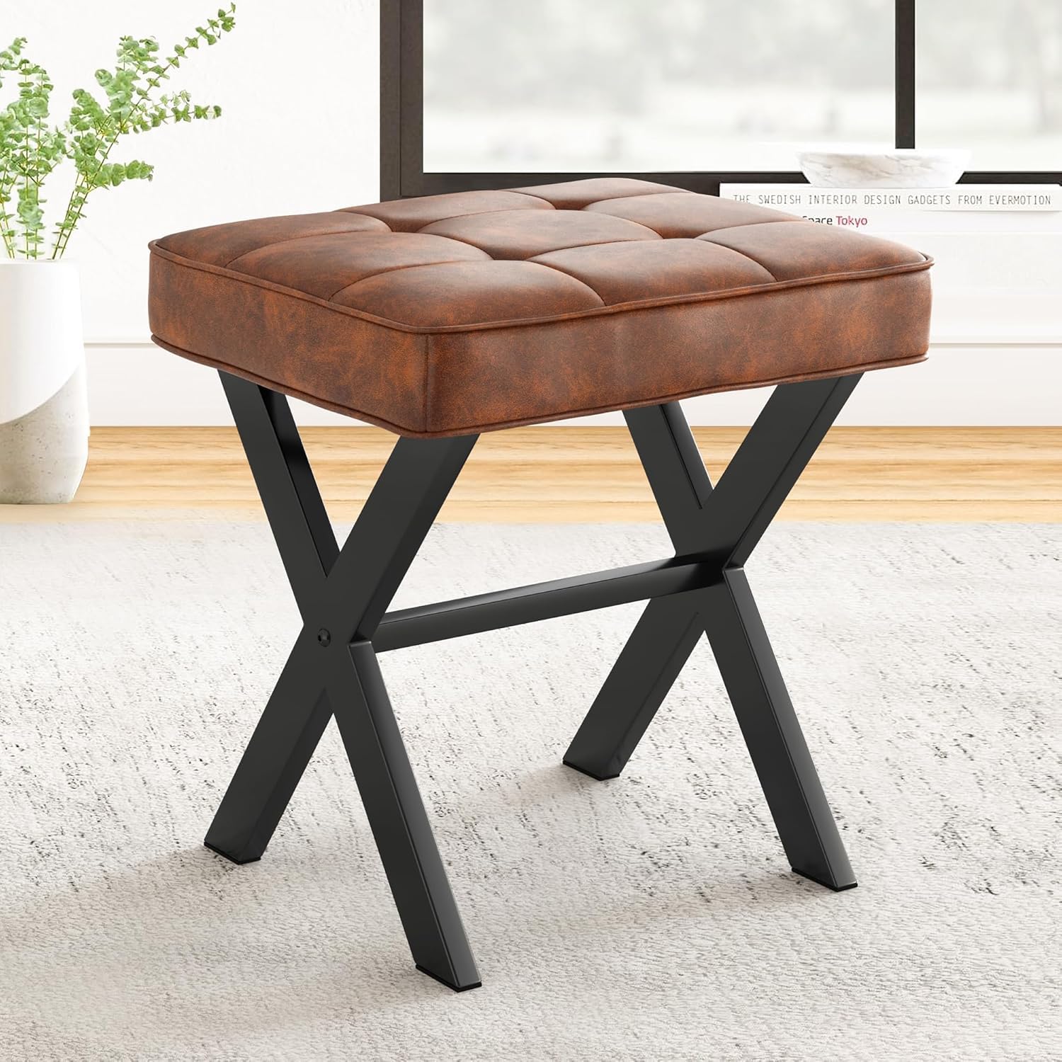 Flipshoppee Black Modern Padded Vanity Seat Foot Rest Stool for Living Room and Makeup Room, Square Faux Leather Makeup Stool with Metal X Legs, Compact Stool Chair for Vanity (Reddish Brown)-image-44