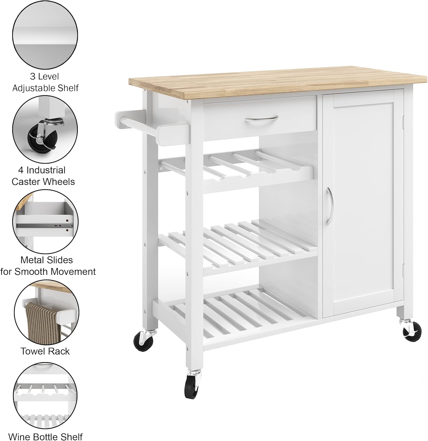 Kitchen Island with Towel Rack and Shelves for Storage – Rolling Cart to Use as Coffee Bar, Microwave Stand, or Kitchen Storage by Lavish Home (White)