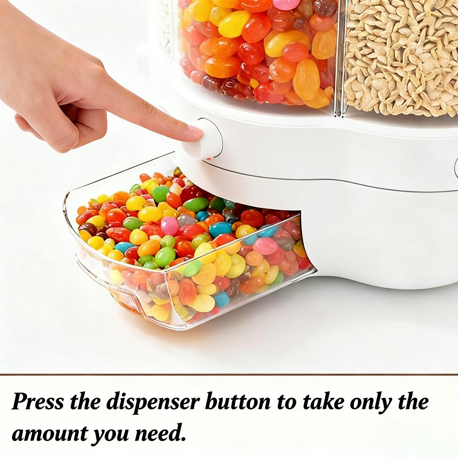 Dispenser per caramelle con 6 scomparti, girevole a 360°, divertente contenitore a pressione per noci, riso, cereali, snack e caramelle