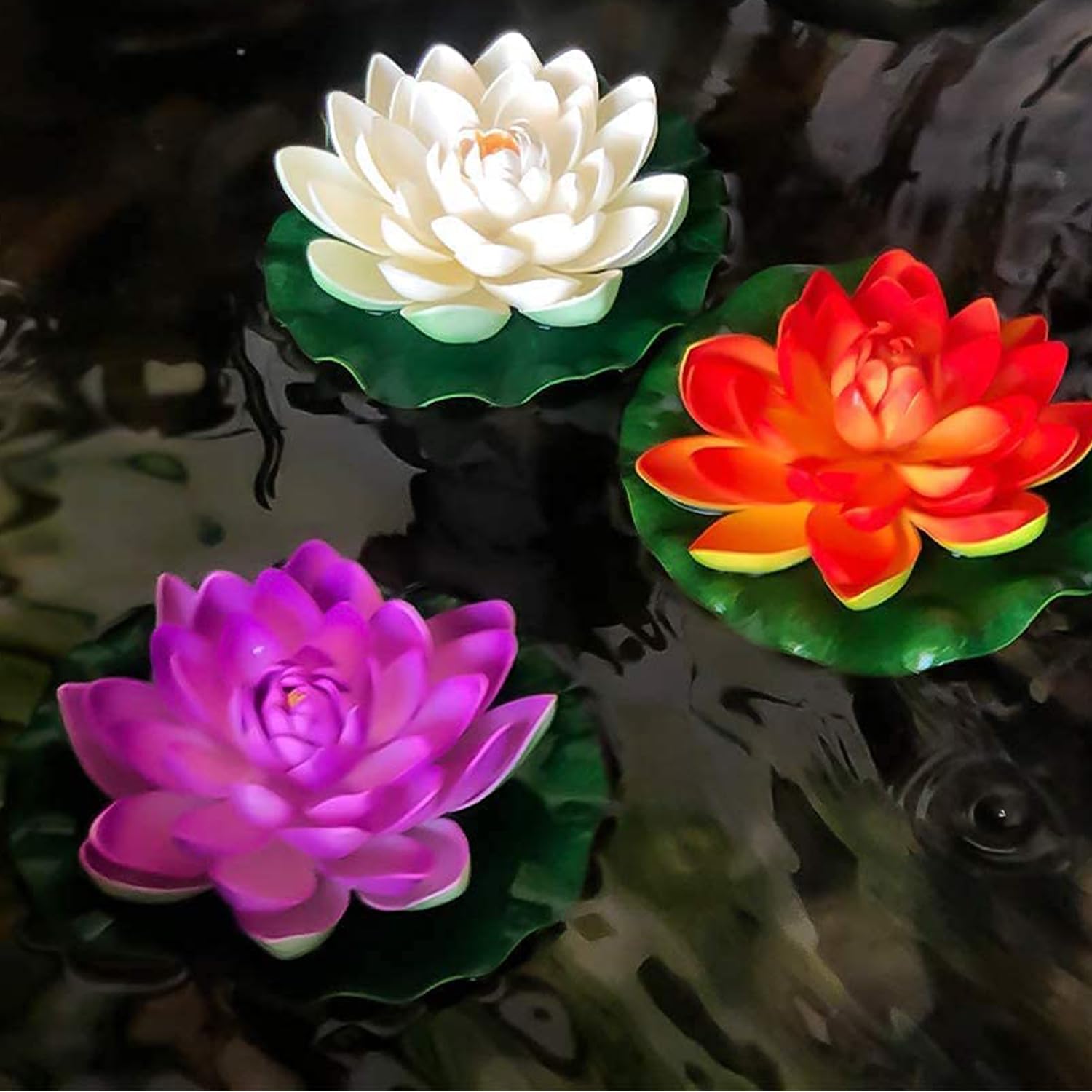 Eli Artificial Floating Water Lily Flowers for Bowl, Aquarium, Pond, Table Decor, Festive Decoration, Centerpiece - Large (7 inch) - Set of 3 | Mix Color-image-46
