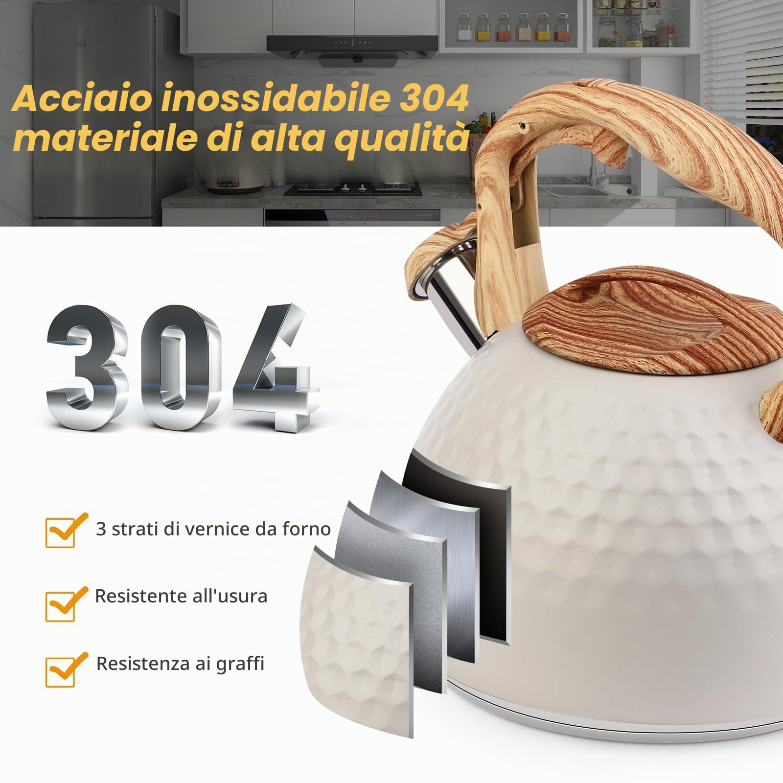 Bollitore moderno da 3 l, a induzione, in acciaio inox, per tutti i piani cottura, bollitore a fischio con manico in vena di legno, bollitore per tè caffè, beige