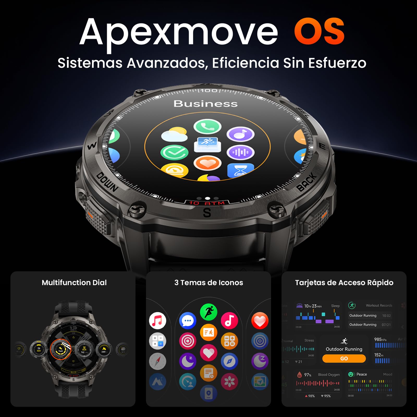 KOSPET Tank T4 Smartwatch con GPS, Acero Inoxidable, Mapas Offline, 10ATM Impermeable hasta 45 m, Batería de 50 Días, 180+ Modos Deportivos, Llamadas Bluetooth, Frecuencia Cardíaca y Sueño（Negro）