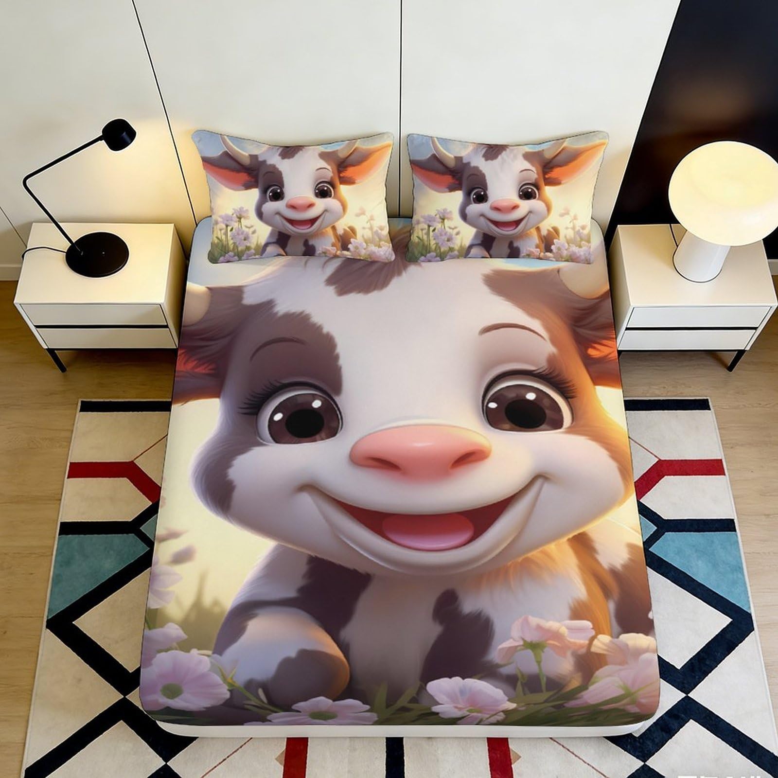 3D Printed Cartoon Cow Fitted Sheet Microfiber Deep Pocket Non-Slip Cartoon Cow Mattress Fitted Cover Elastic Hem for Adults Teens 90x200x25cm