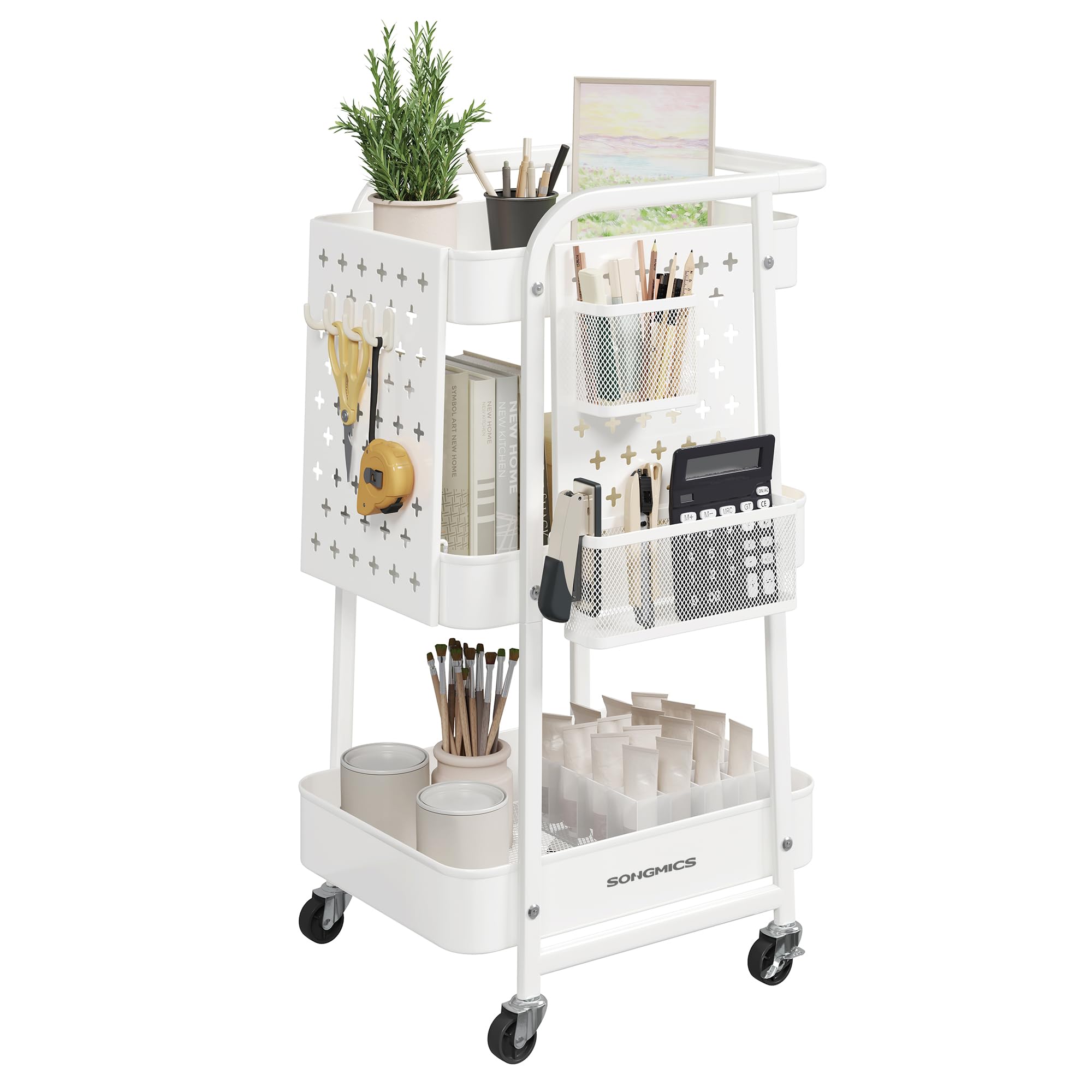 SONGMICS Carrello, Carrellino, 3 Ripiani in Metallo a Rete, 2 Pannelli Forati Rimovibili, 2 Portaoggetti Appesi, 4 Ganci, per Studio Cucina Soggiorno Bagno, Bianco Nuvola LRC037W01