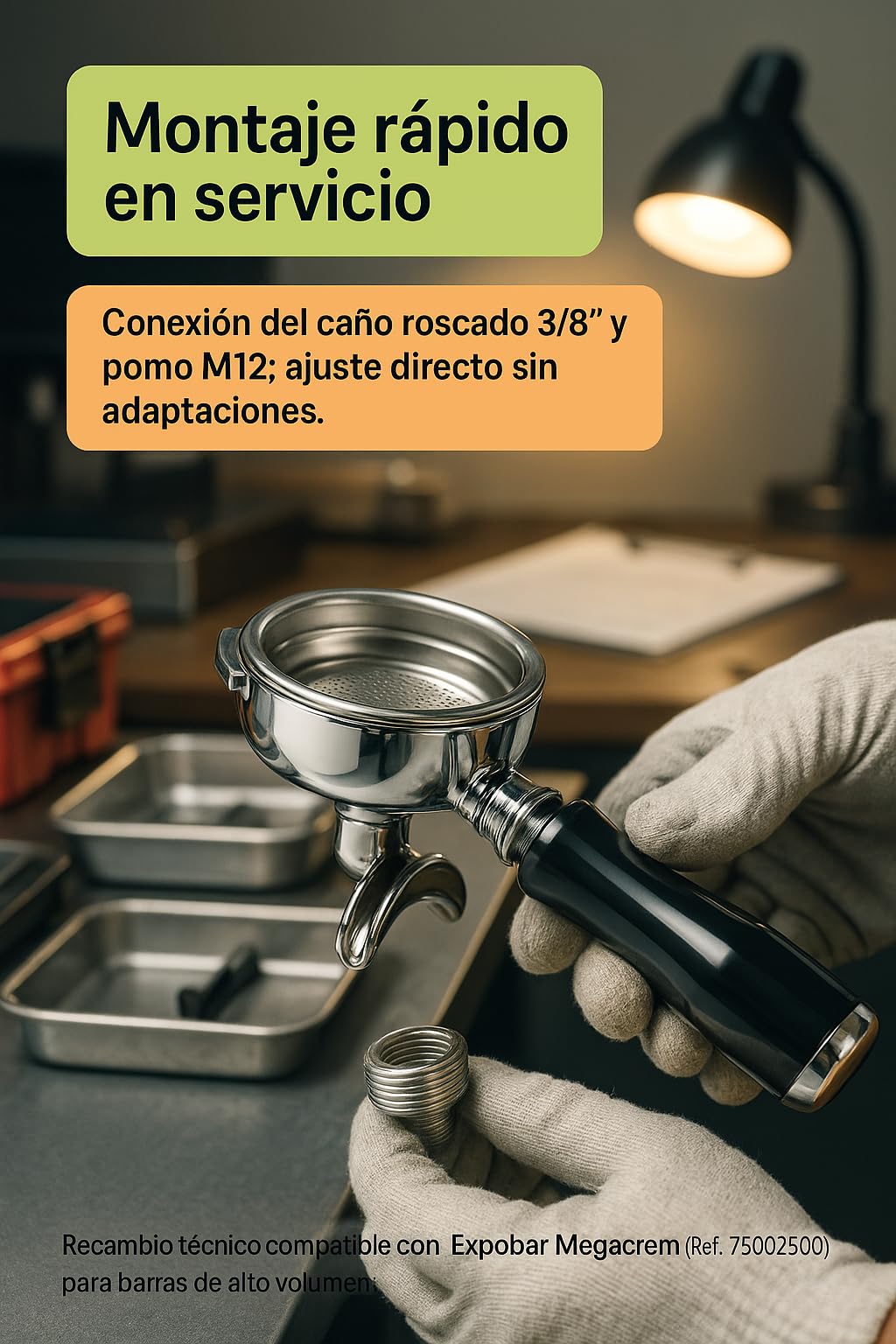 Portafiltro Doble 2 Vías Ø82 mm Ø62 mm Aletas 6.7 mm Salida Curva Caño 3/8 Acero INOX 75002500 Hostelería Máquinas Espresso Profesional Brazo Portafiltros Ajuste Preciso