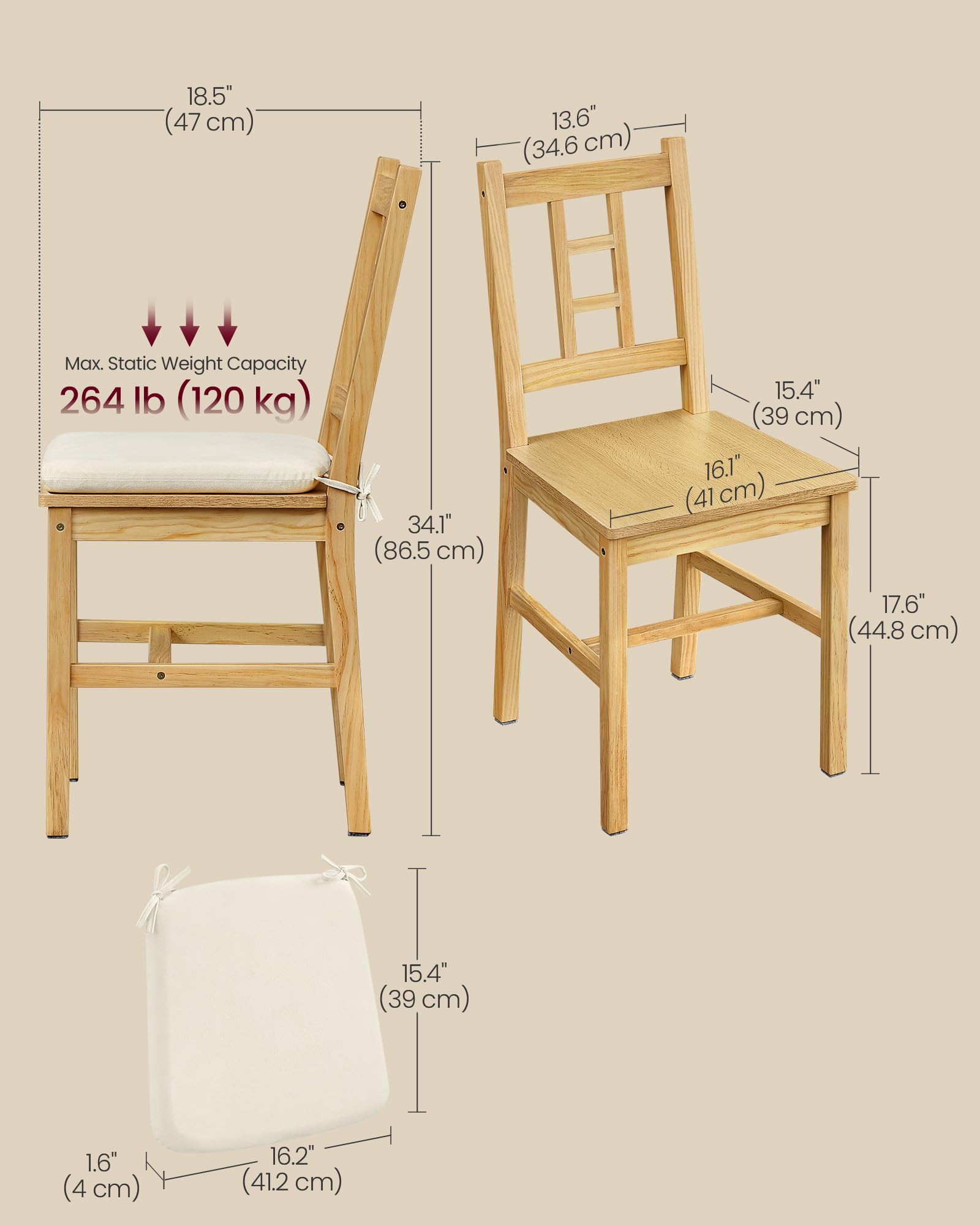 Sillas de comedor de madera, juego de 2, sillas de cocina y comedor, cojín extraíble, respaldo curvo, cada una soporta 264 libras, roble dorado UKDC150N01 2